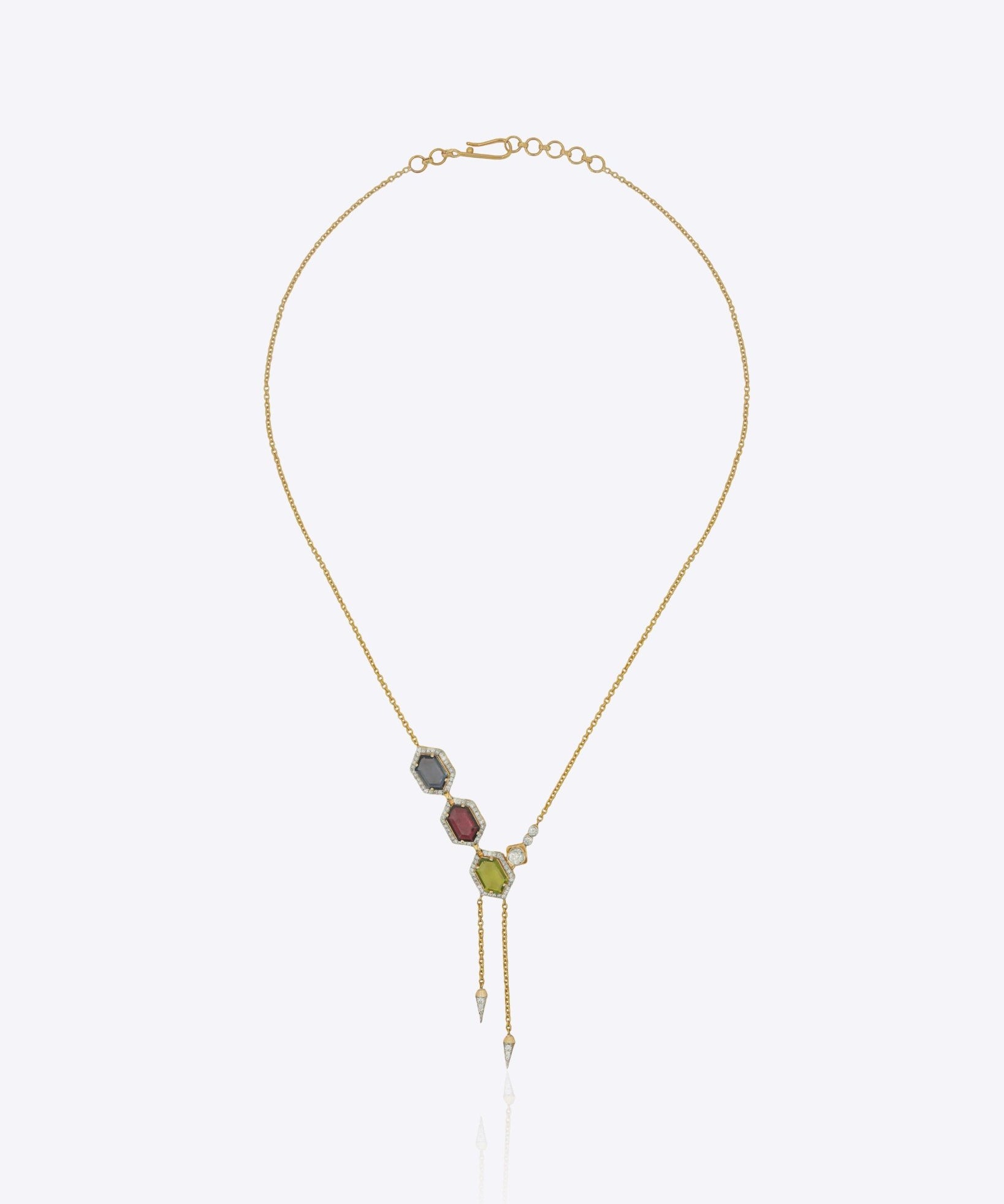 9k gold Mosaic necklace with asymmetrical hexagonal earth-tone stones and fine Polki accents