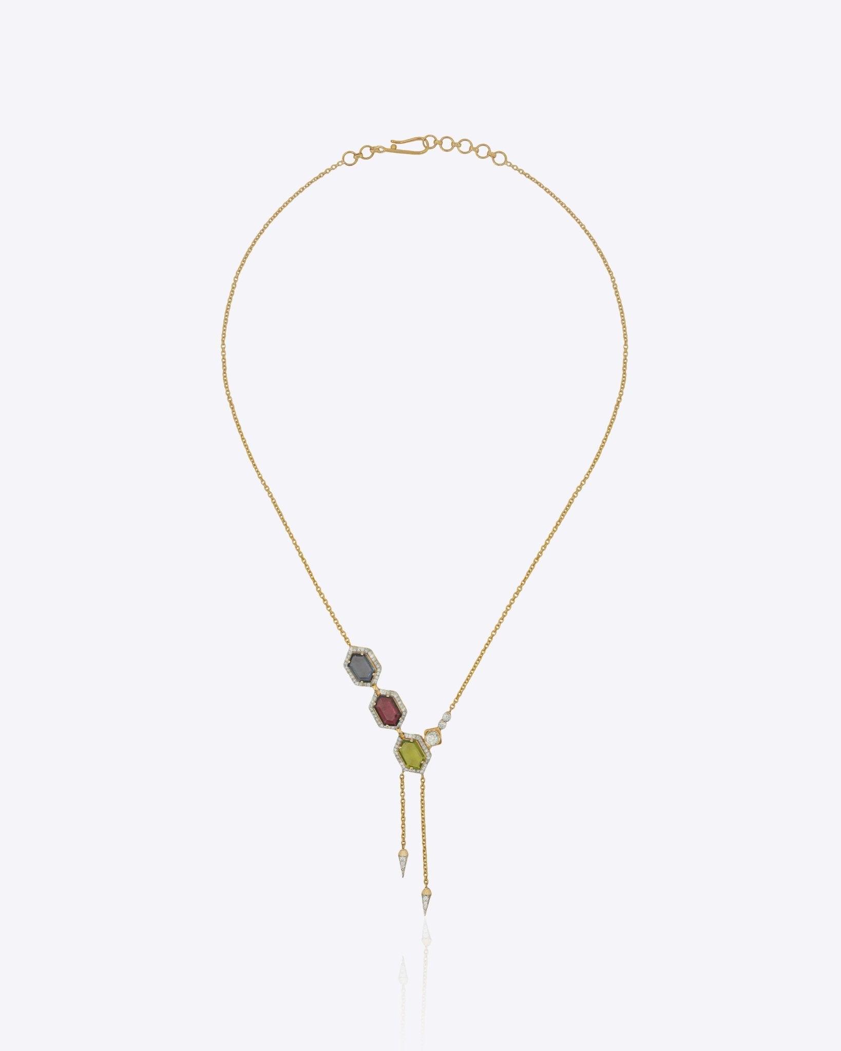 9k gold Mosaic necklace with asymmetrical hexagonal earth-tone stones and fine Polki accents