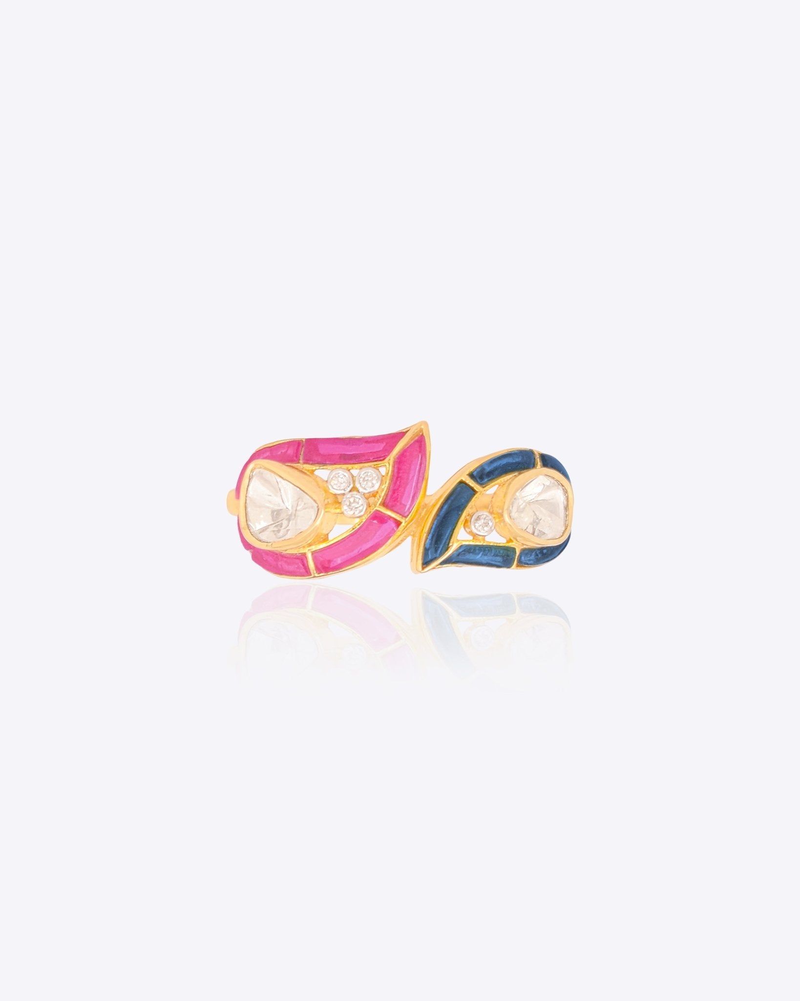 Leaf-motif Polki diamond ring in 14K gold with enamel accents, customisable sizing.