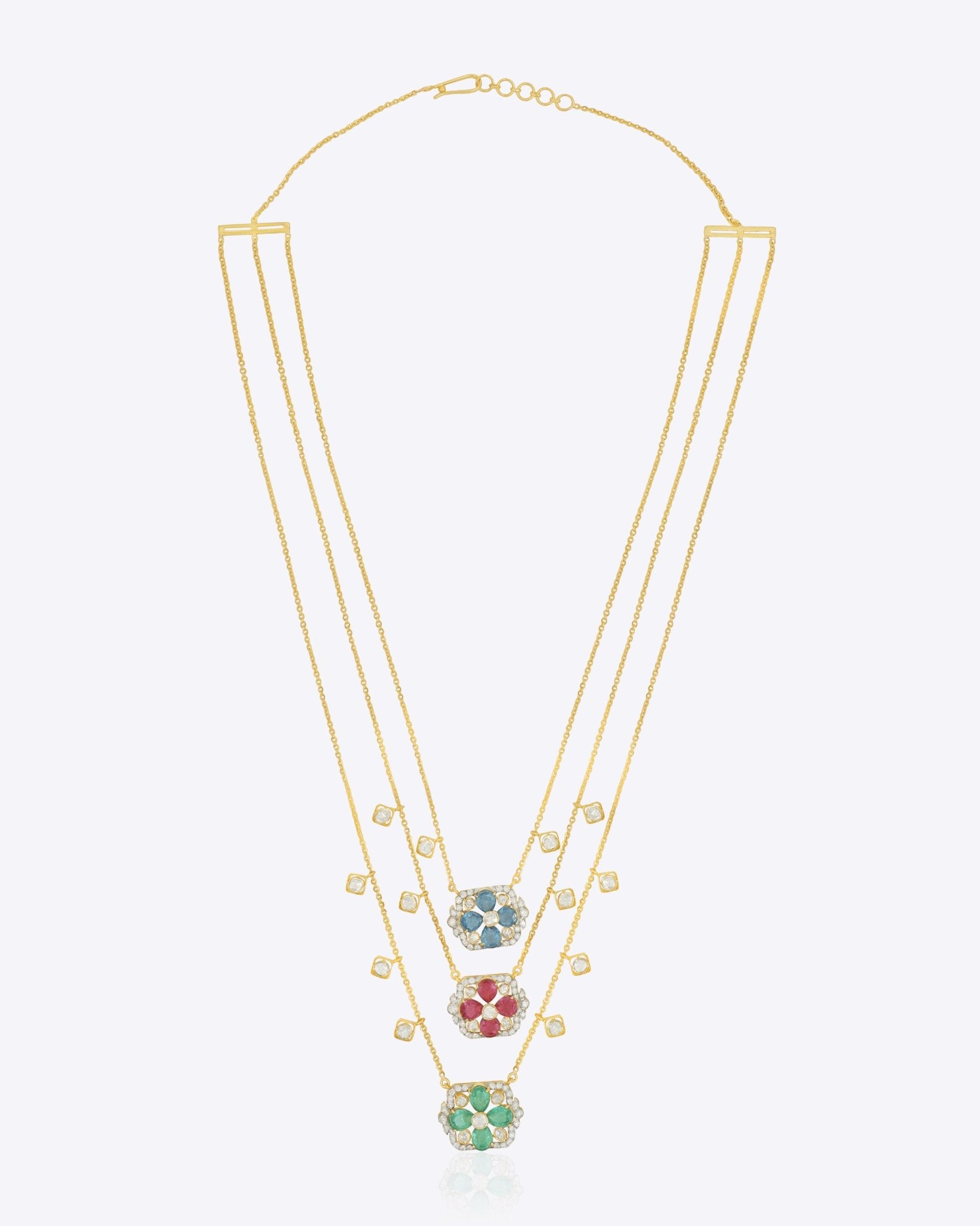 14K gold necklace with layered floral motifs in Polki and diamonds