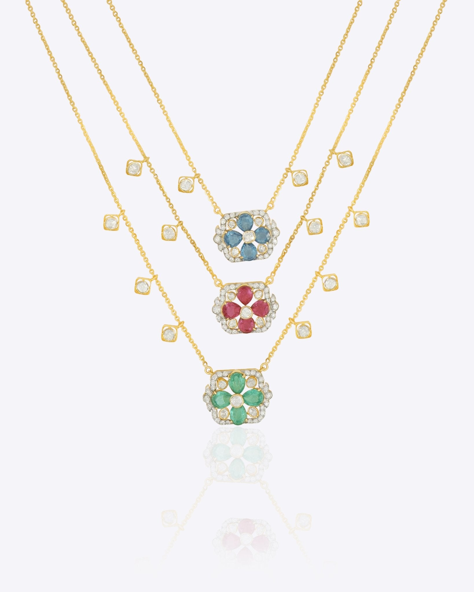 14K gold necklace with layered floral motifs in Polki and diamonds
