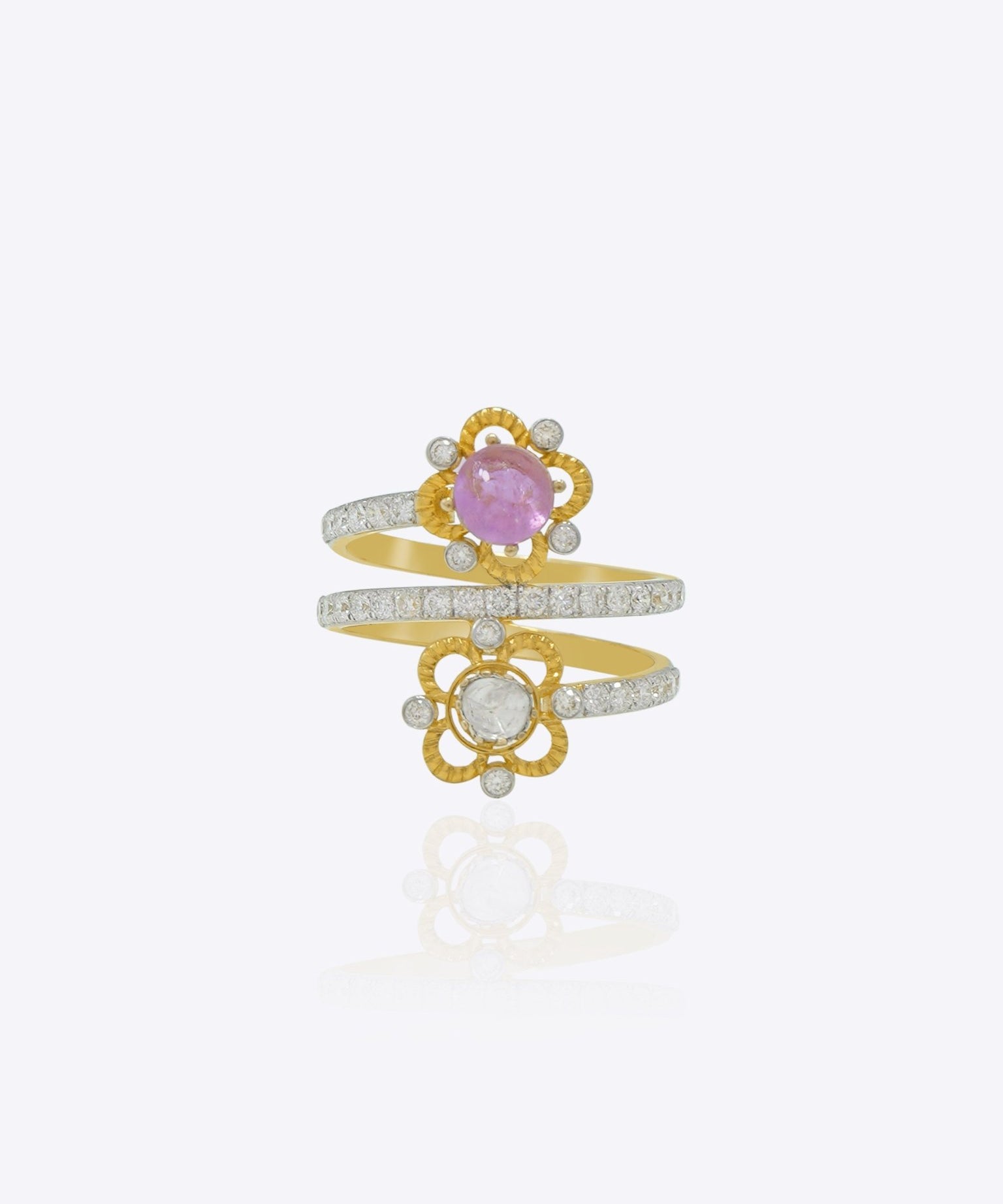 9K gold Regalia Bloom Ring with lilac gemstone, Polki diamonds, and floral layered design