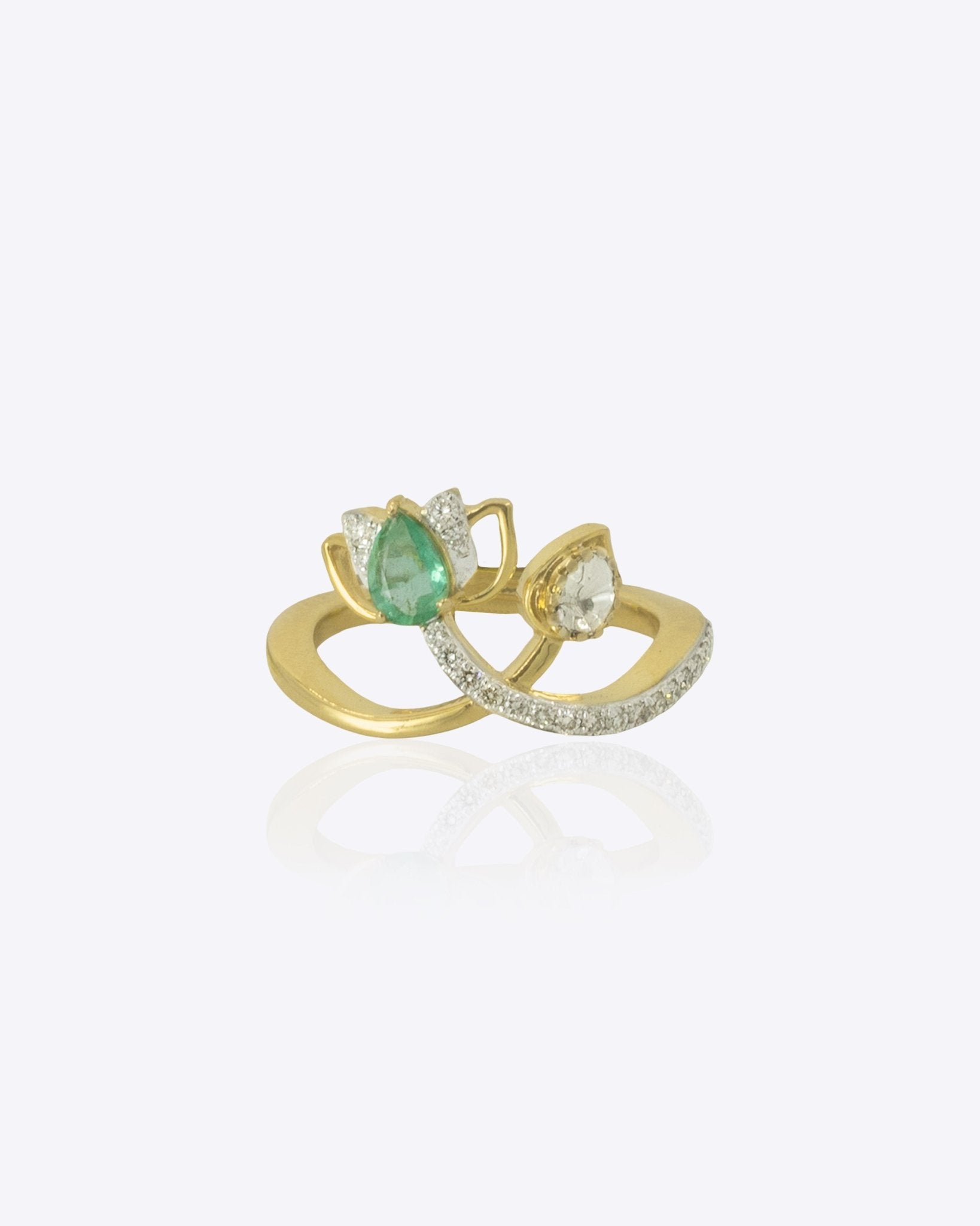 Sovereign Lotus Ring in 9k gold with a lotus pearl motif and Polki-encrusted wing