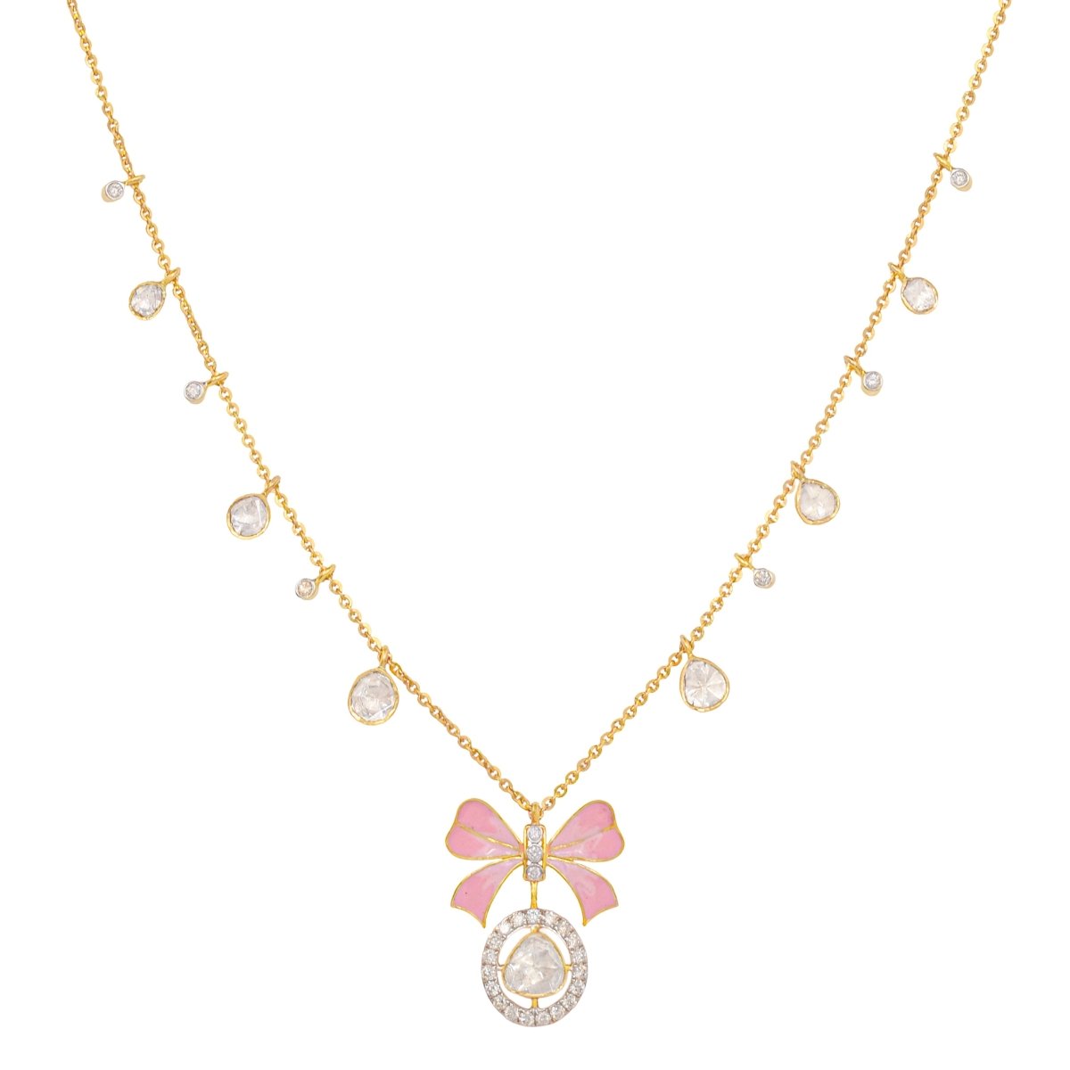 Product-only image of Rosé Ribbon necklace with polki detailing and ribbon-style motif