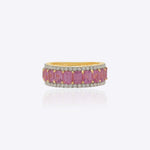 14K gold ring with emerald-cut pink sapphires framed by diamonds.