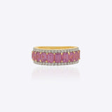 14K gold ring with emerald-cut pink sapphires framed by diamonds.