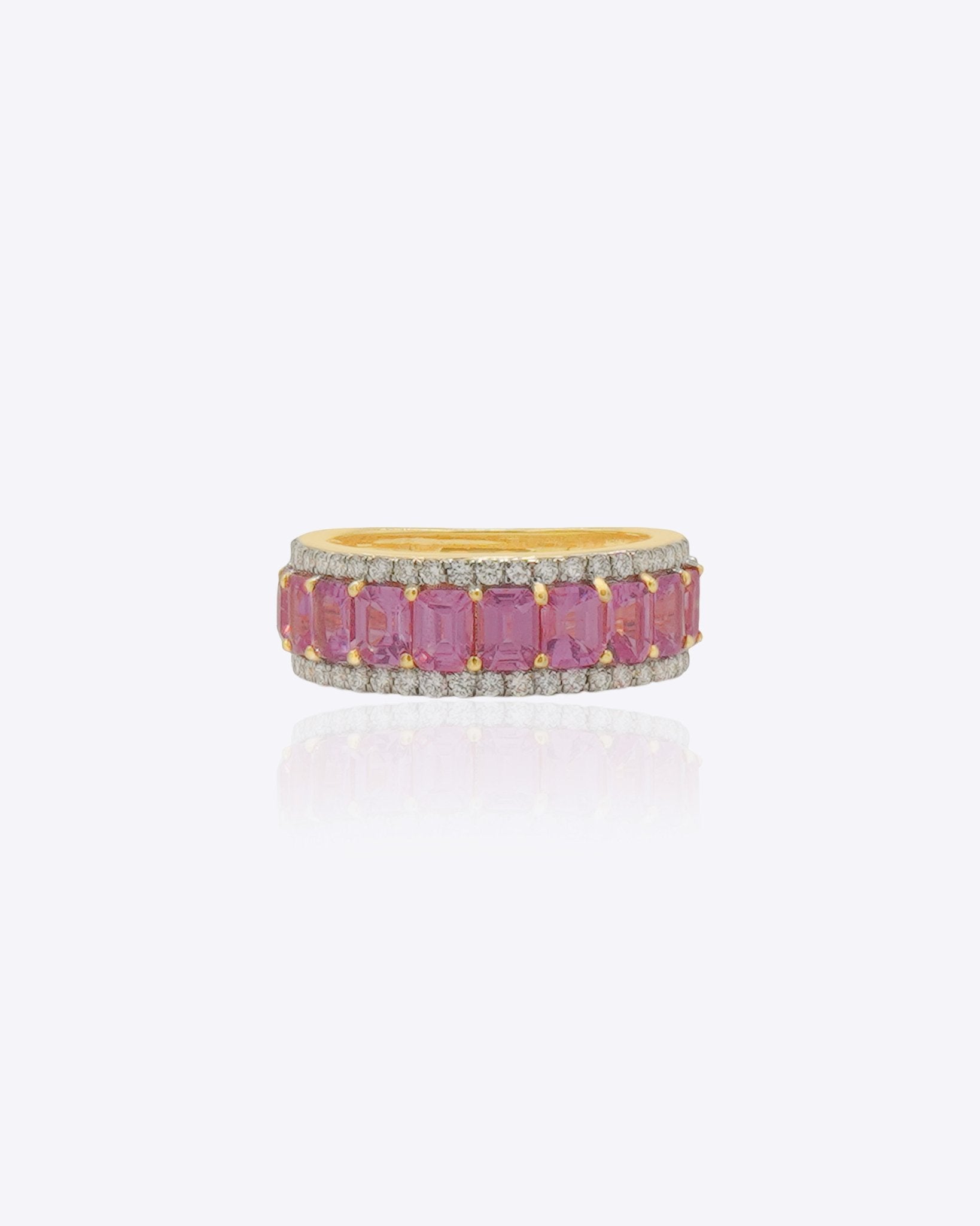 14K gold ring with emerald-cut pink sapphires framed by diamonds.