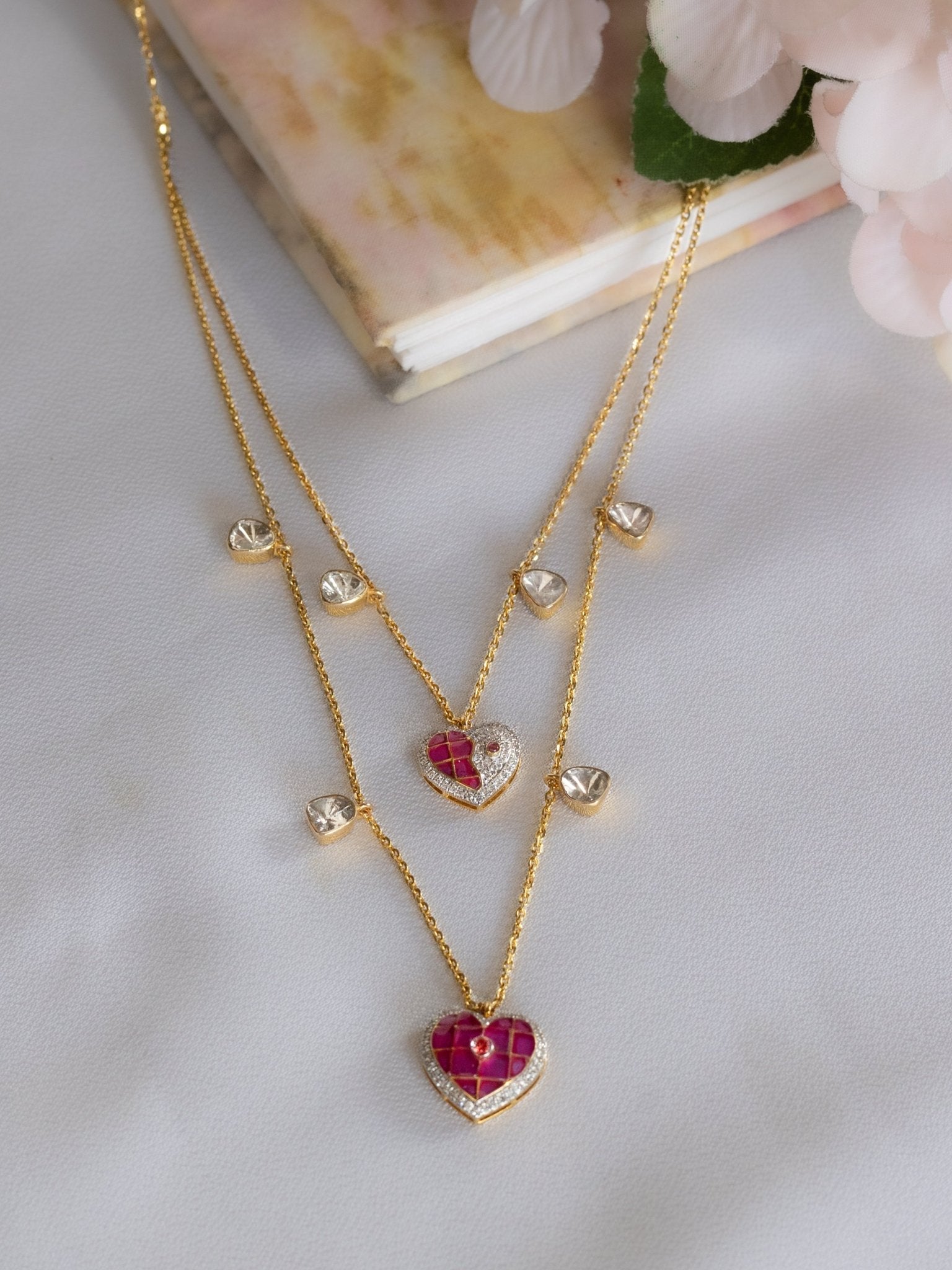 Sweetheart Necklace in 14k gold with a pink heart pendant on a double chain.