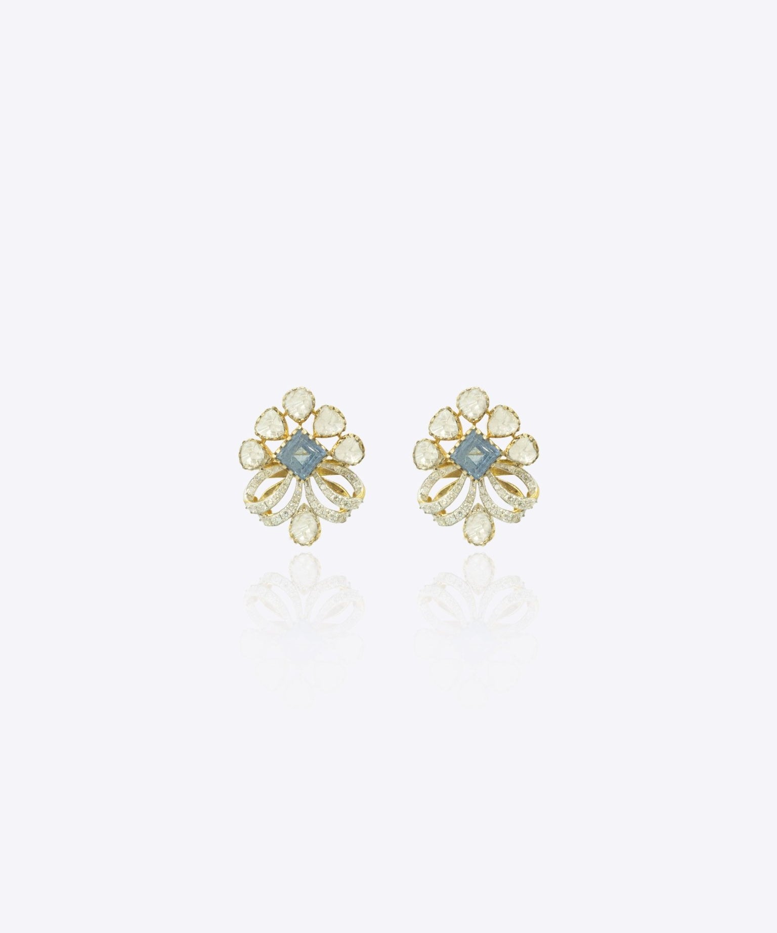9k gold Azure Bloom studs with fan silhouette and central Polki refine detailing