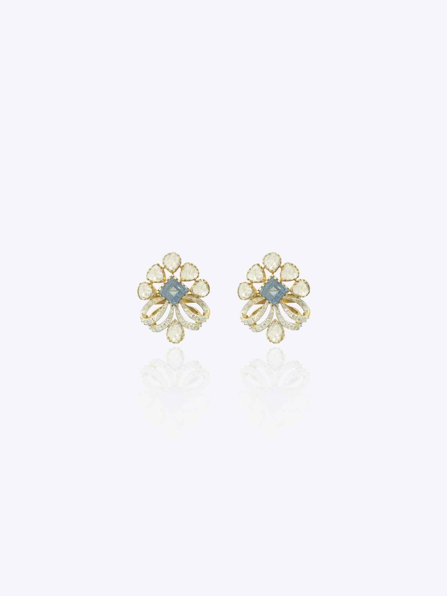 9k gold Azure Bloom studs with fan silhouette and central Polki refine detailing