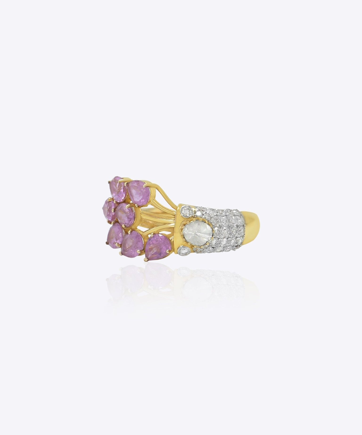 Rosa Bloom Ring in 9K gold cluster ring featuring pink gemstones and an uncut Polki diamond.