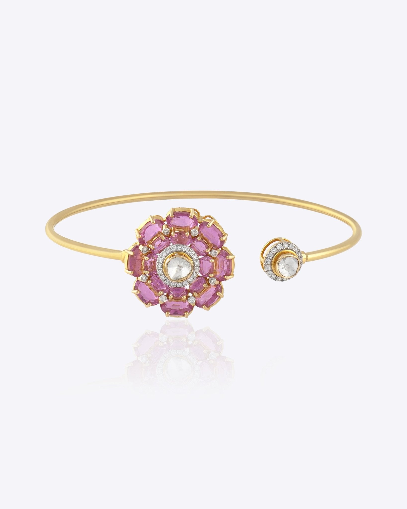 Gold Pink Camellia Bangle with a radiant floral Polki motif and open-cuff design.