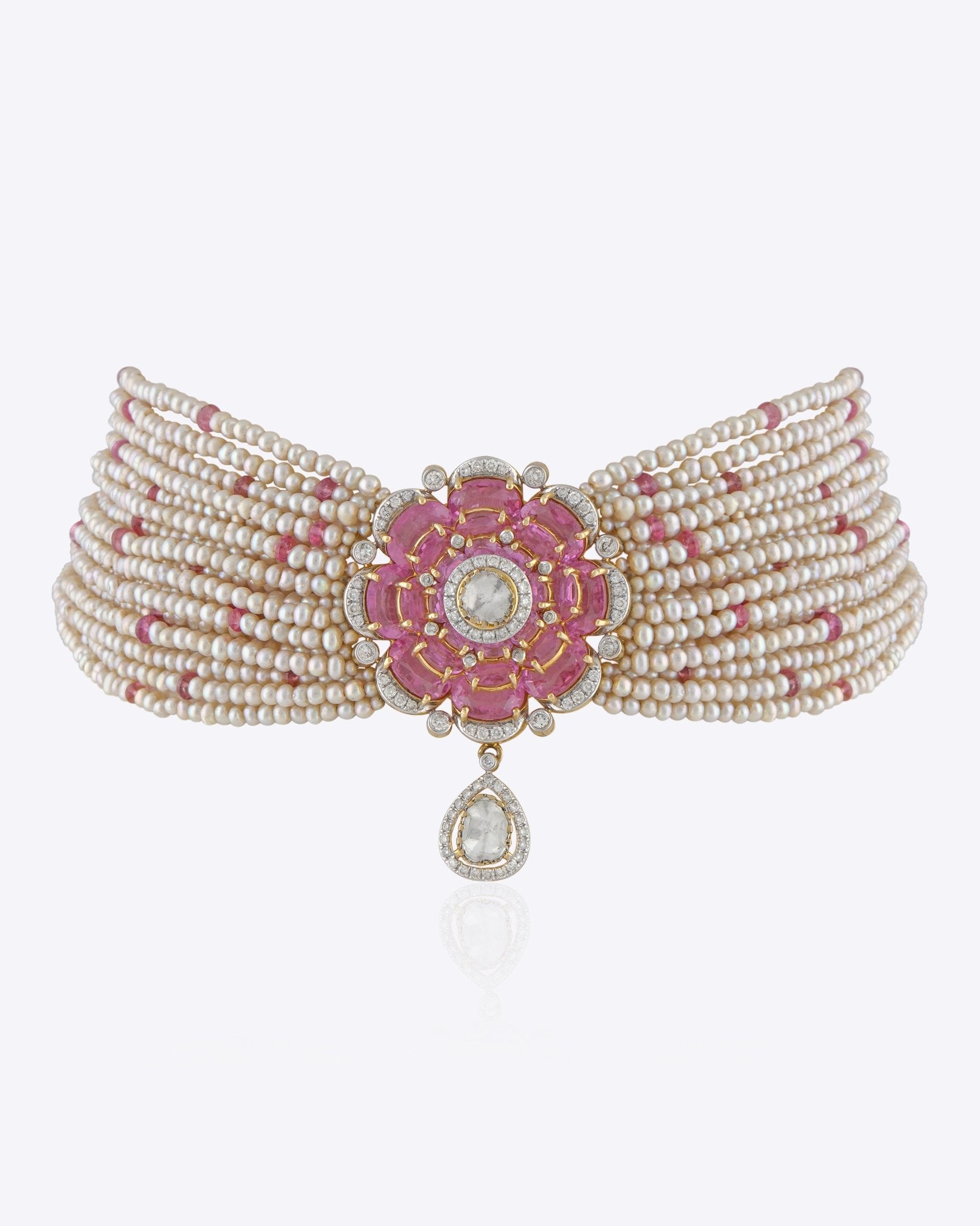 Gold Pink Camellia Choker with layered Polki diamonds and a floral centerpiece.