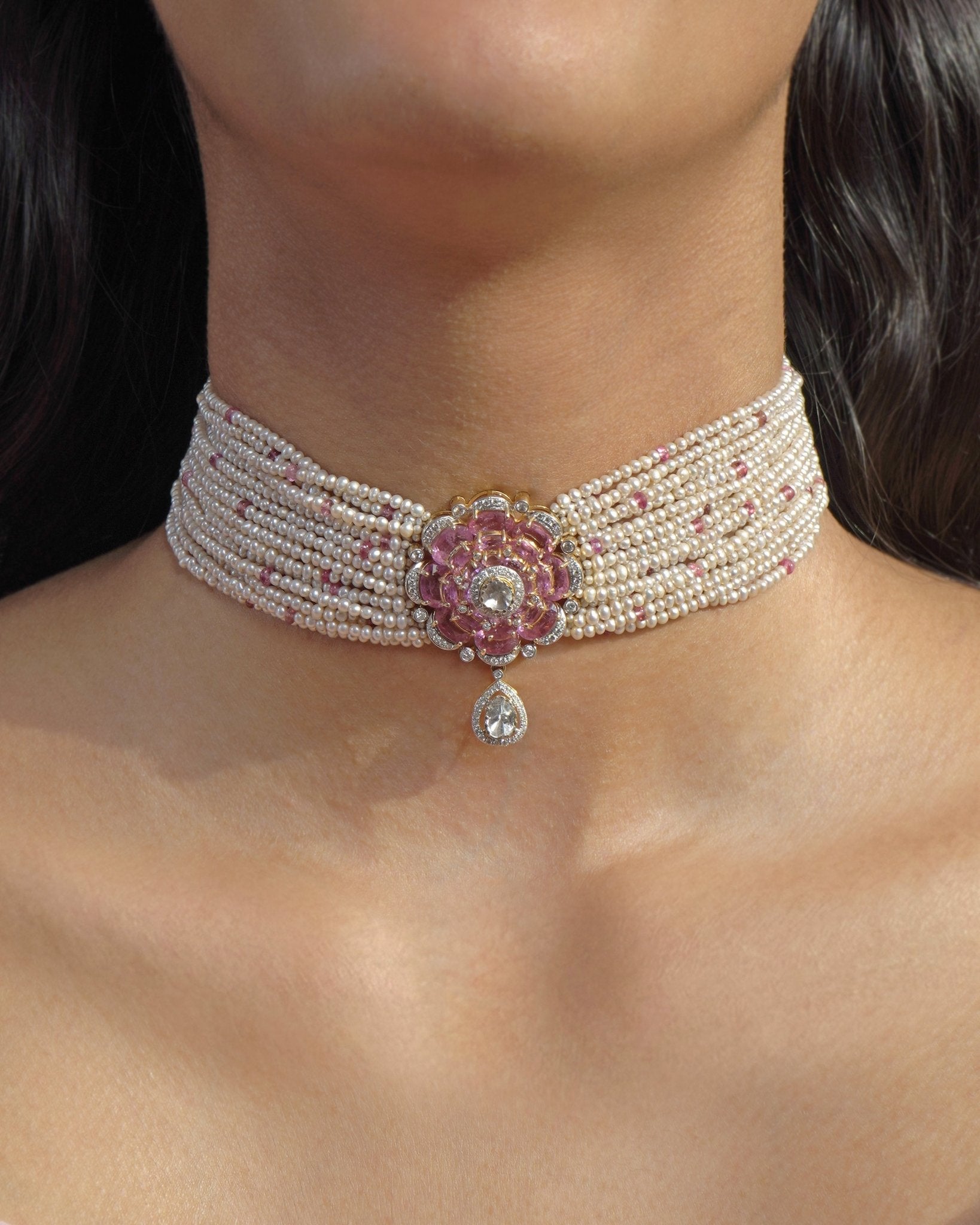 Gold Pink Camellia Choker with layered Polki diamonds and a floral centerpiece.