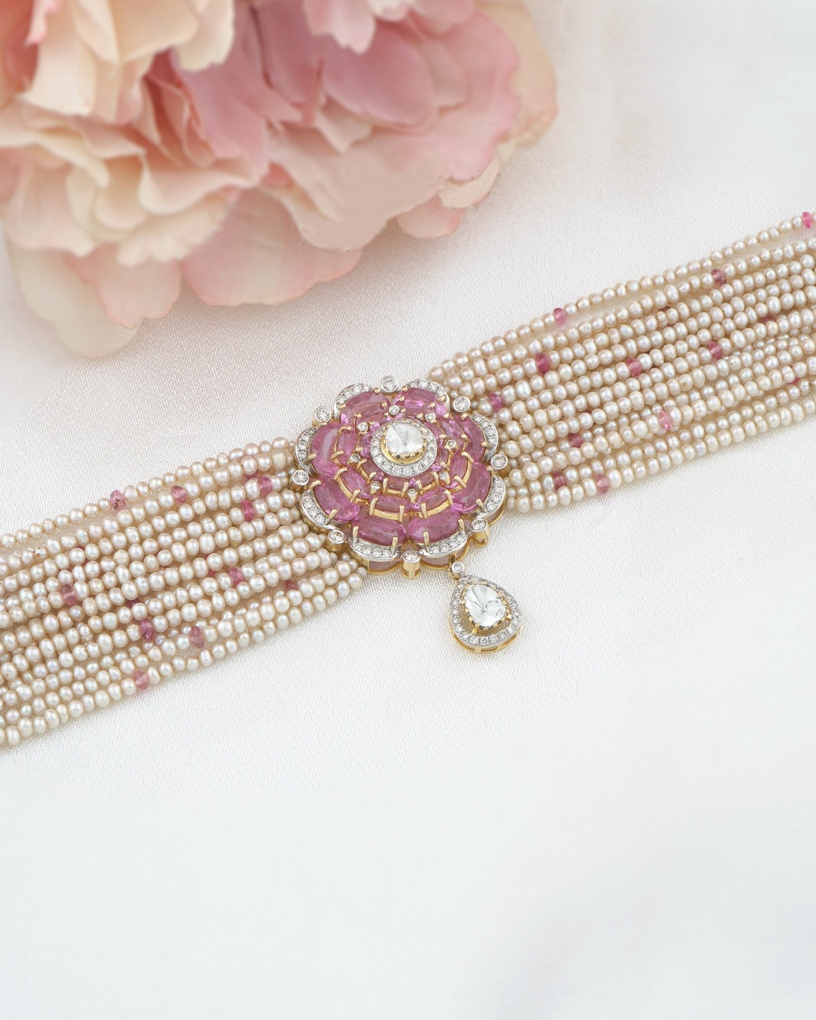 Gold Pink Camellia Choker with layered Polki diamonds and a floral centerpiece.
