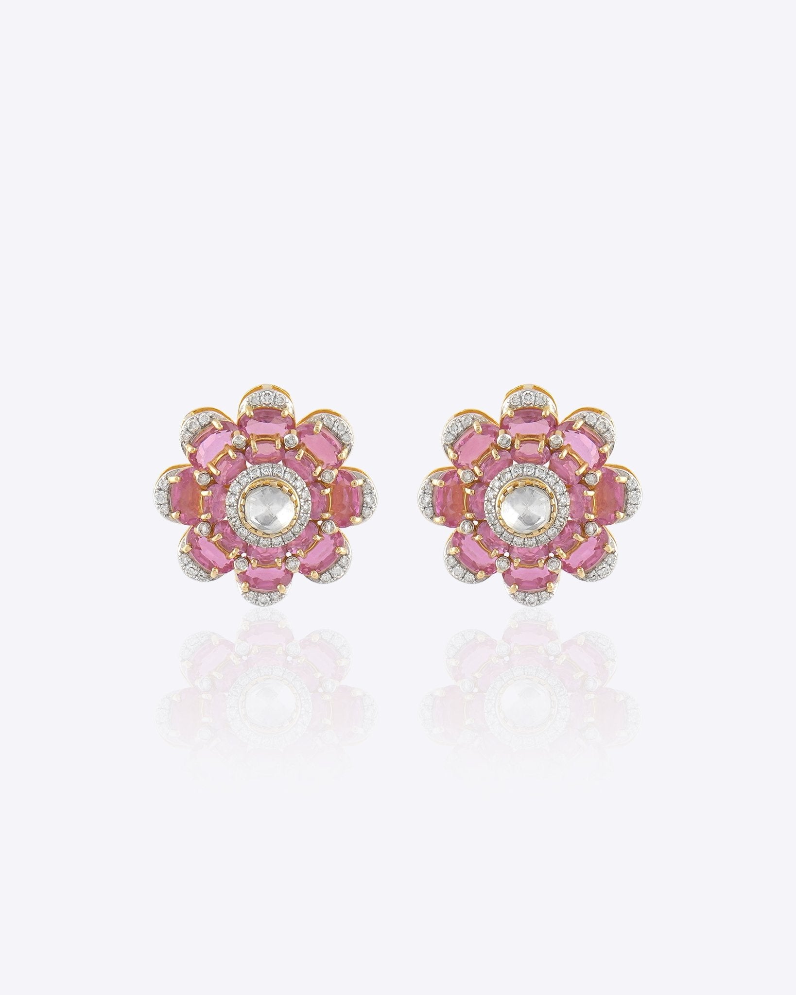 14K gold Pink Camellia Earrings with a floral arrangement of Polki diamonds.