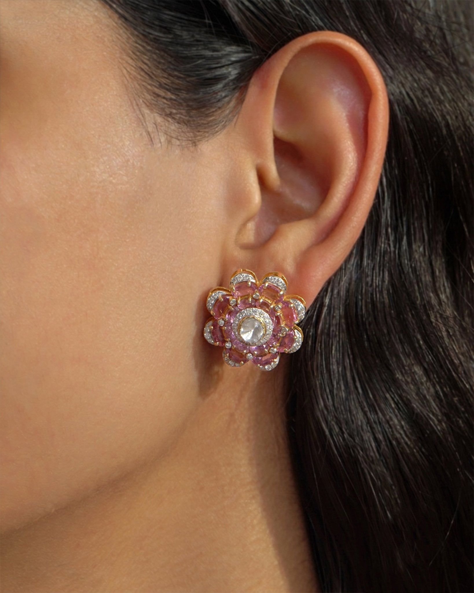 14K gold Pink Camellia Earrings with a floral arrangement of Polki diamonds.
