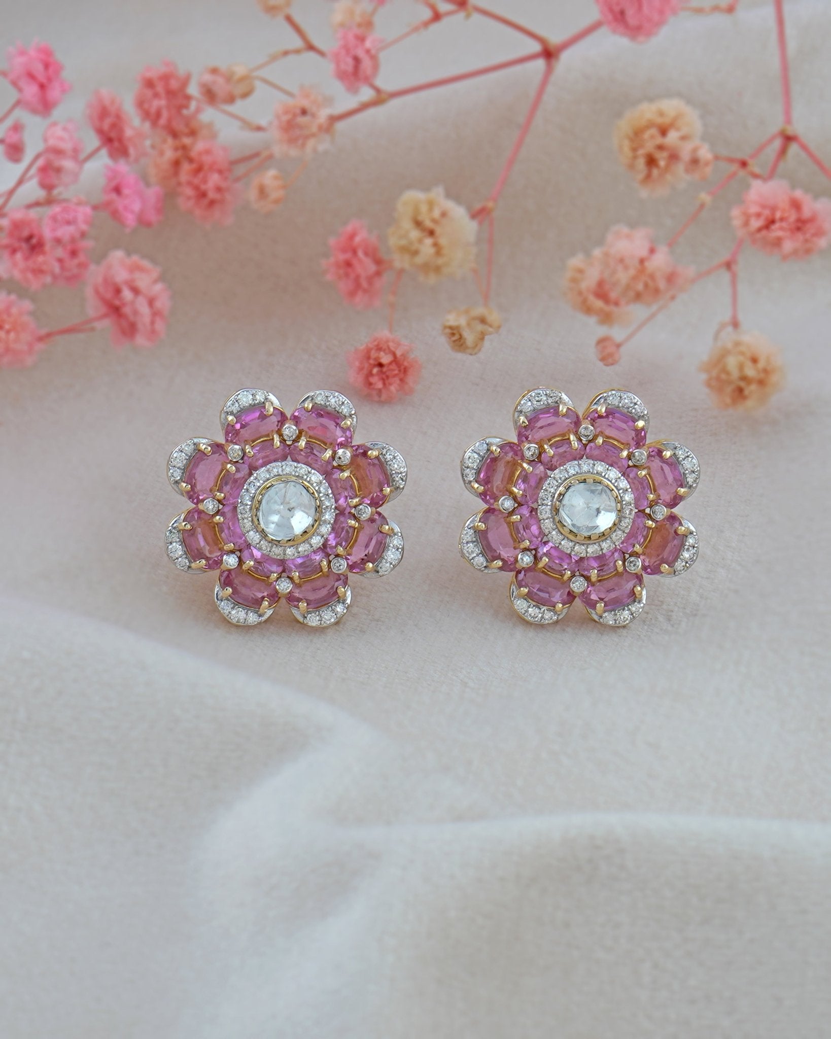 14K gold Pink Camellia Earrings with a floral arrangement of Polki diamonds.