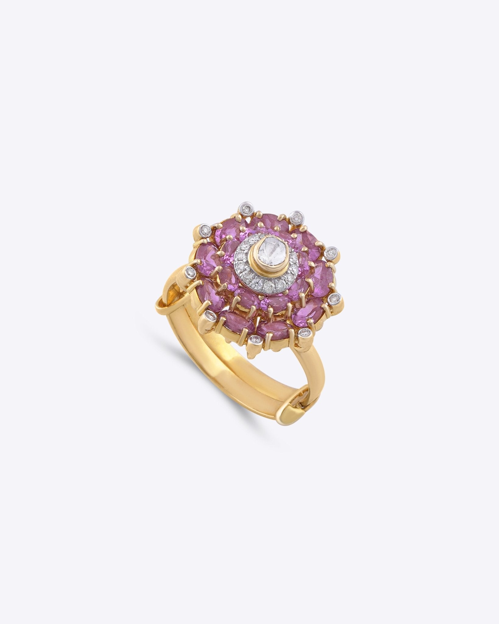 Gold Pink Camellia Ring with a floral arrangement of Polki diamonds.