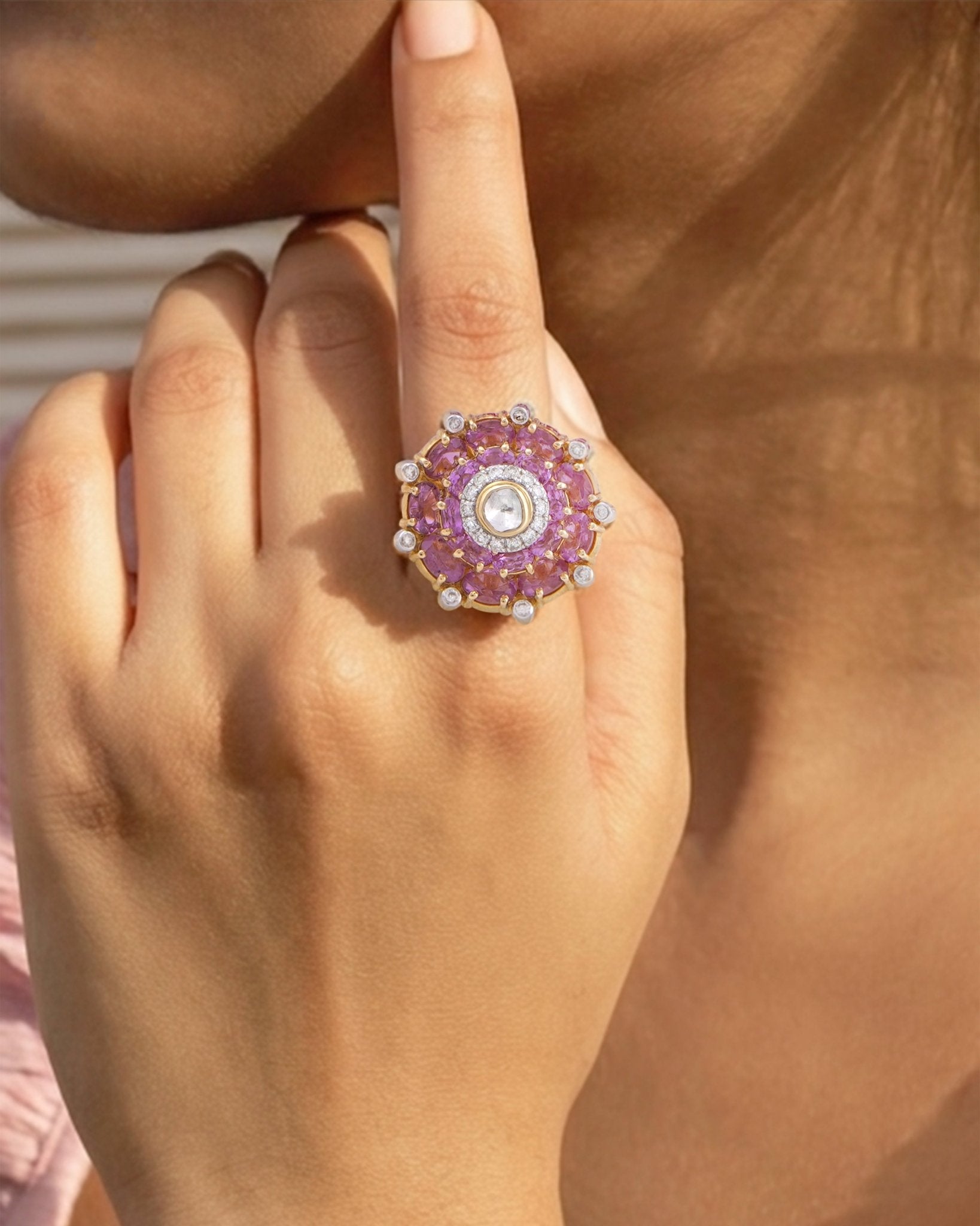 Gold Pink Camellia Ring with a floral arrangement of Polki diamonds.