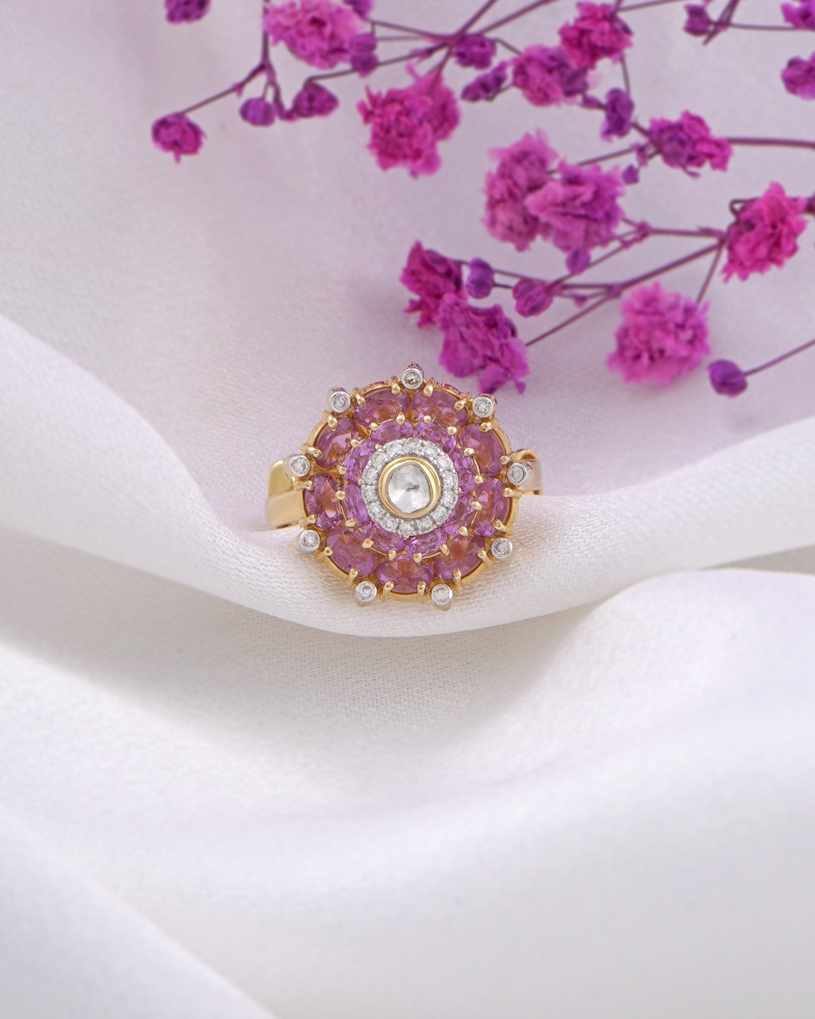 Gold Pink Camellia Ring with a floral arrangement of Polki diamonds.