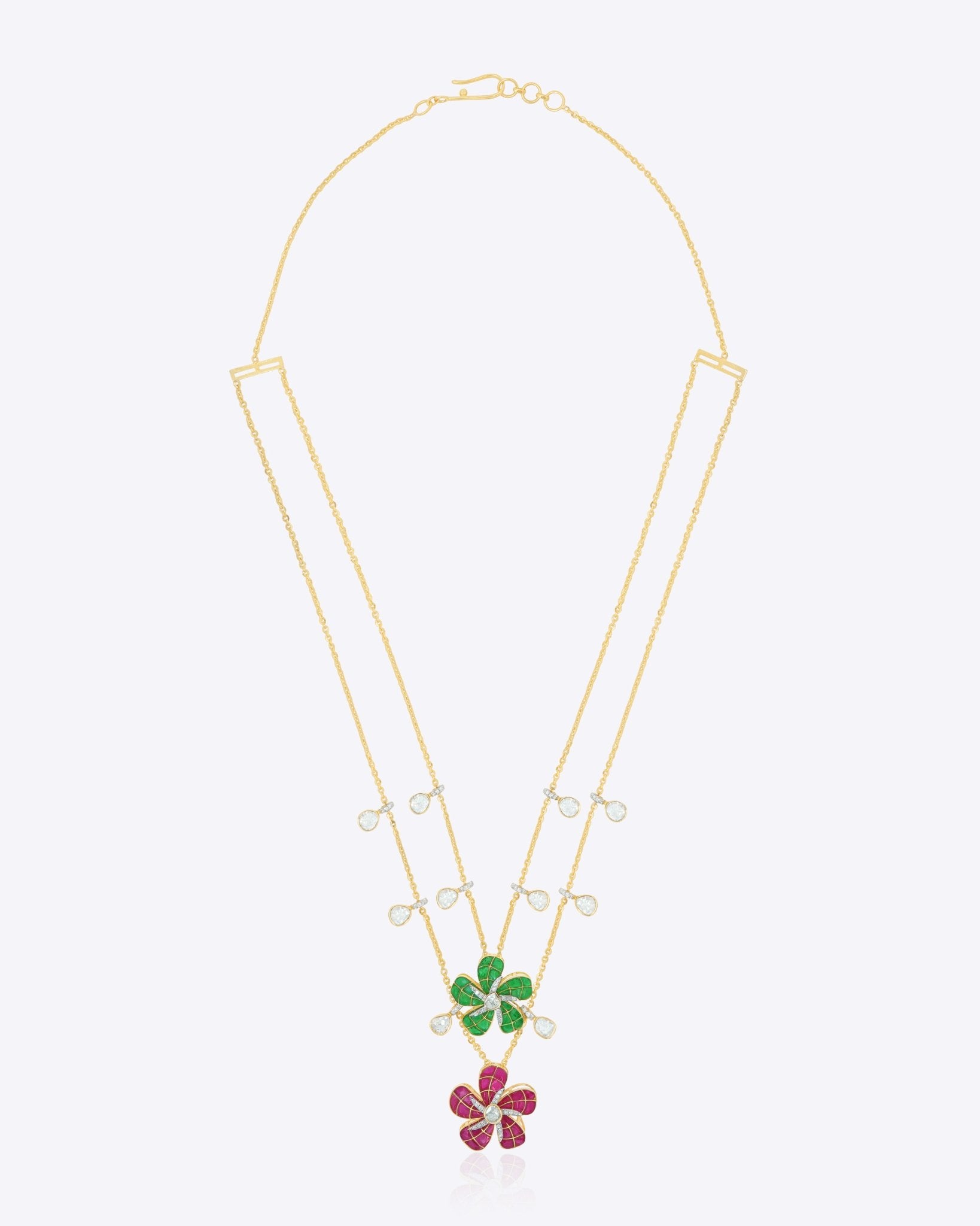 14K gold Paradise Flora Necklace with Polki, diamonds, and floral motifs.