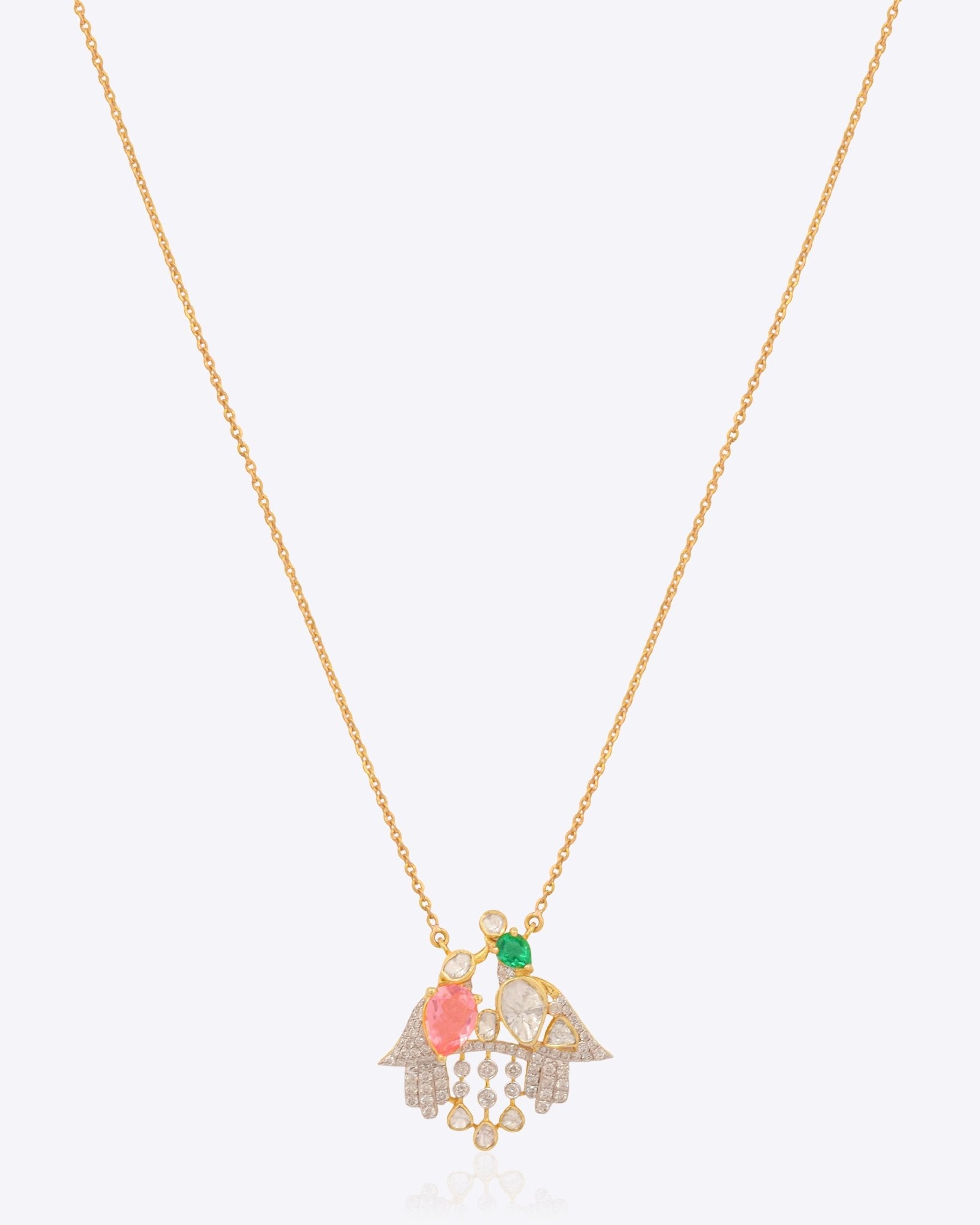 14K gold pendant with Polki, pastel gemstones, and diamond droplets