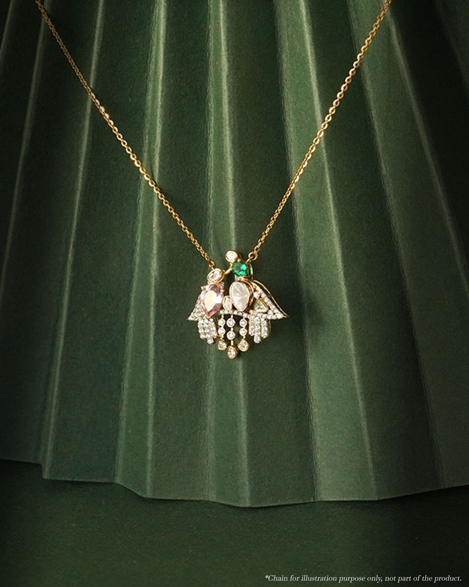 14K gold pendant with Polki, pastel gemstones, and diamond droplets