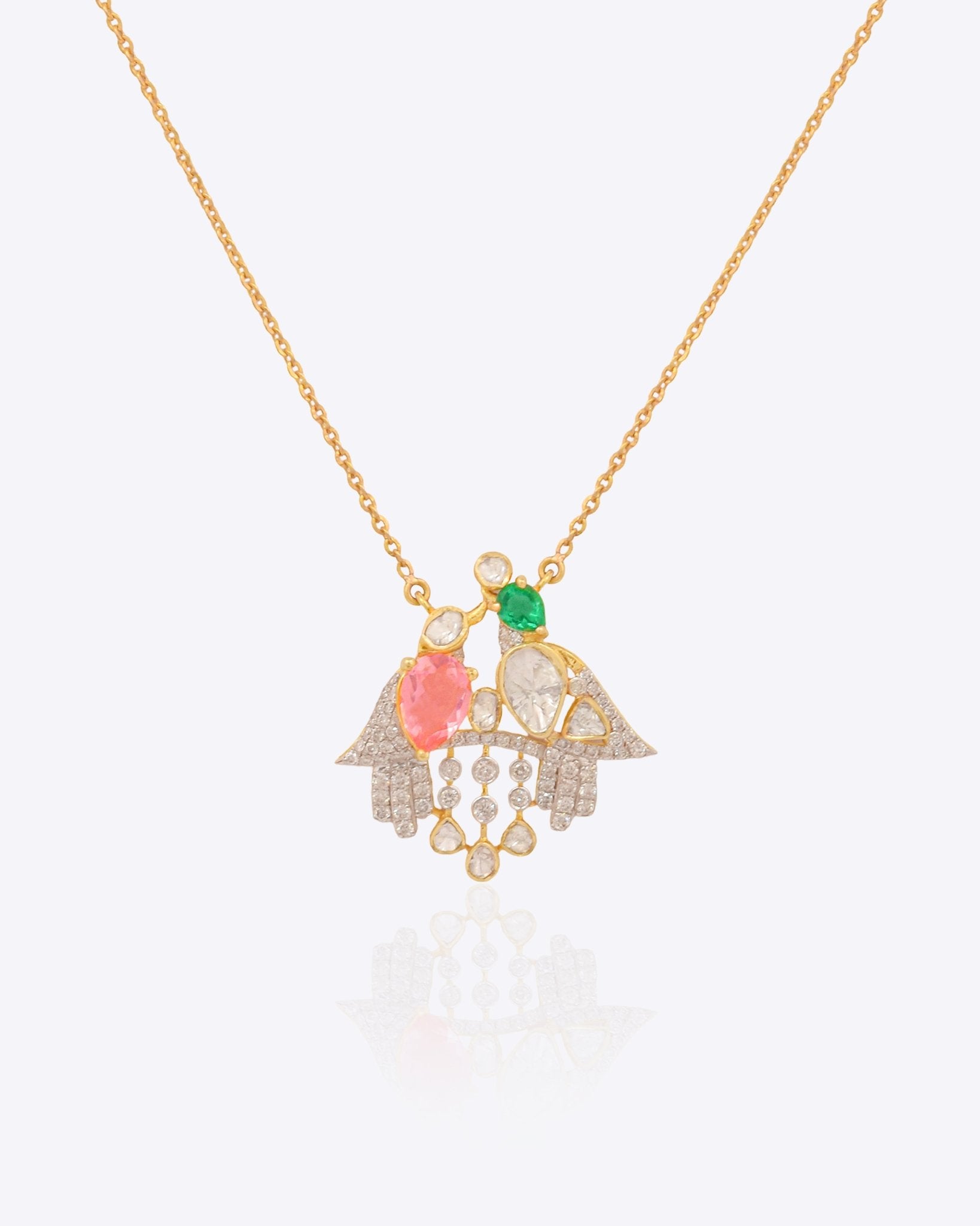 14K gold pendant with Polki, pastel gemstones, and diamond droplets