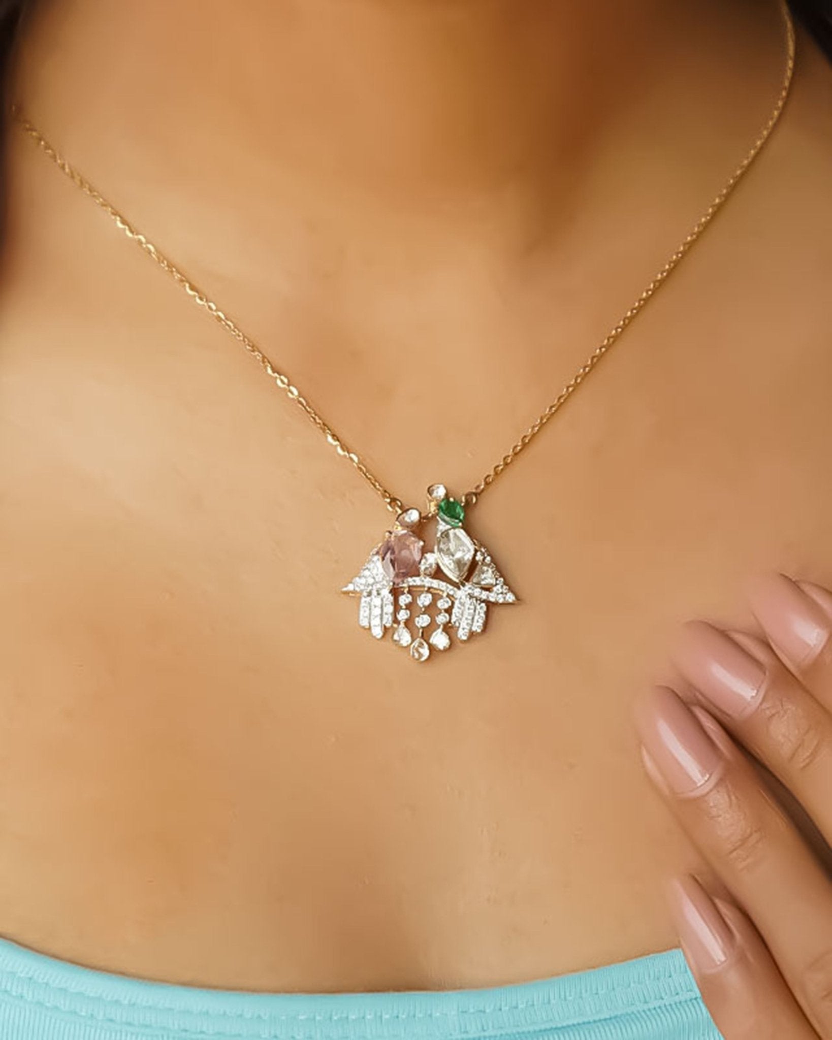 14K gold pendant with Polki, pastel gemstones, and diamond droplets