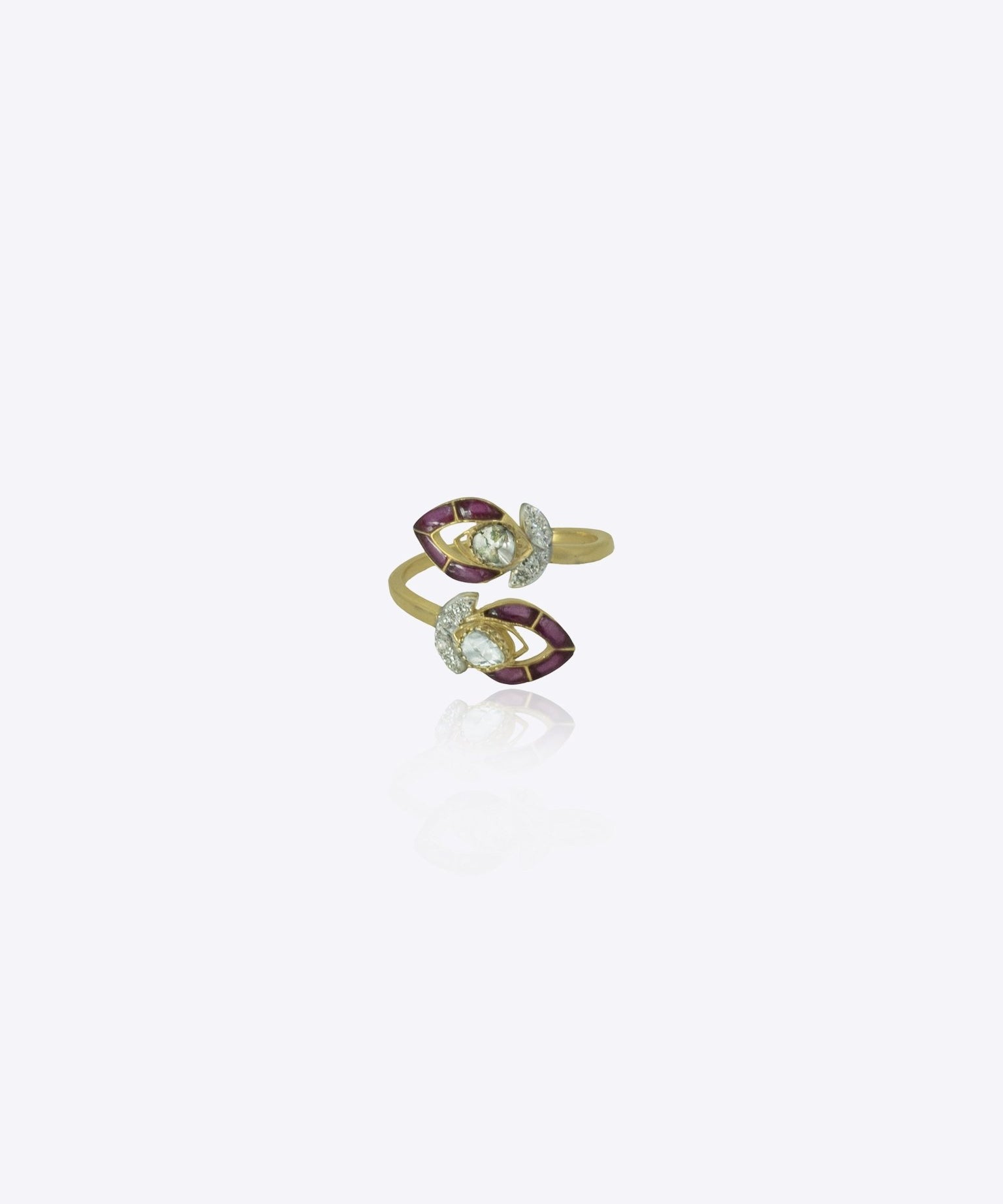 9k gold floral ring with crimson enamel petals and Polki craftsmanship