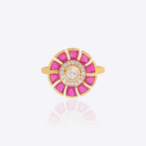 Rosette Halo Ring in 14K gold with pink enamel and a luminous Polki halo