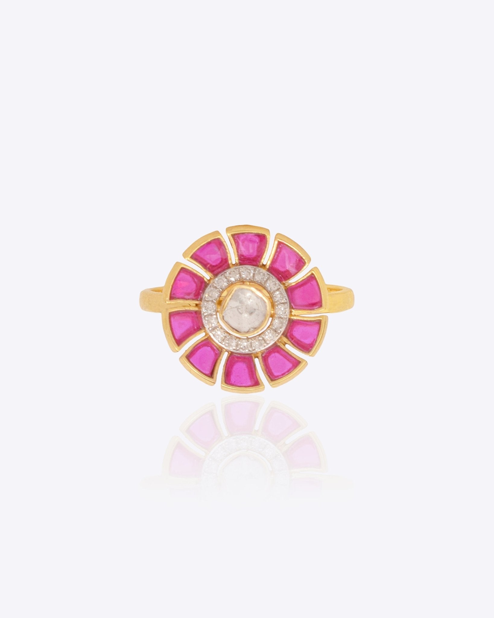 Rosette Halo Ring in 14K gold with pink enamel and a luminous Polki halo