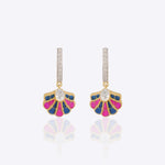 Sea Shell Earrings in 14k gold with blue and pink enamel detailing and diamond accents