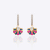 Sea Shell Earrings in 14k gold with blue and pink enamel detailing and diamond accents