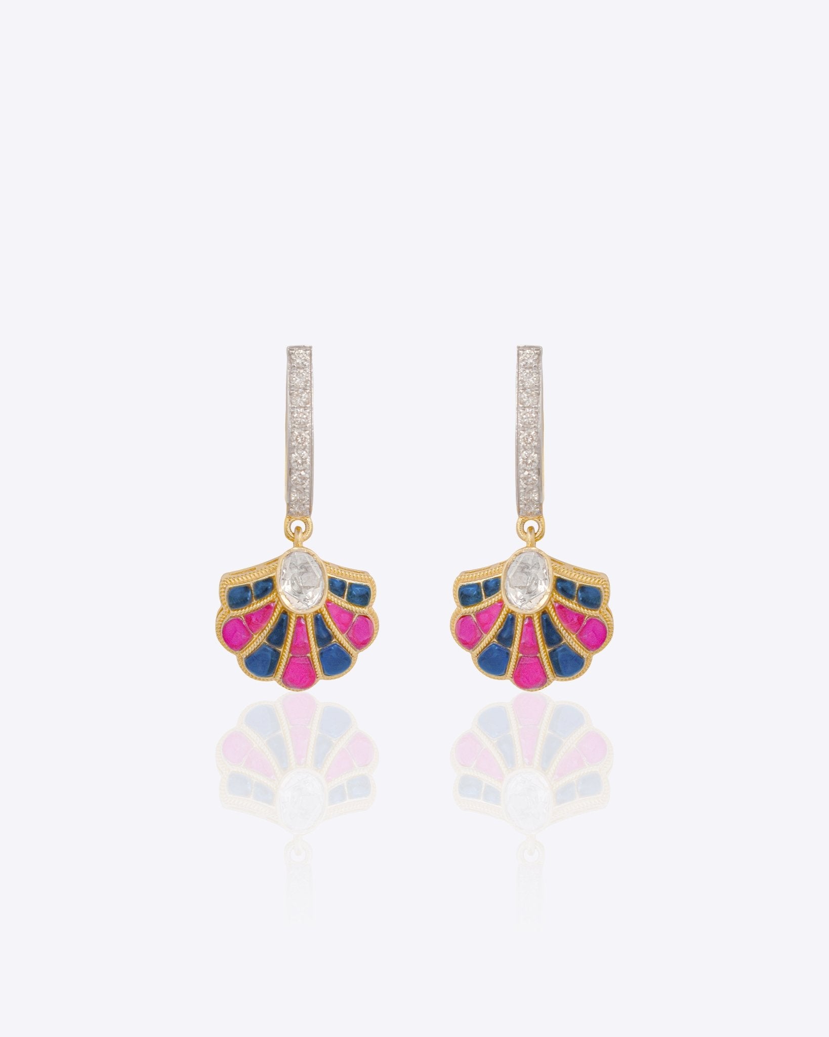 Sea Shell Earrings in 14k gold with blue and pink enamel detailing and diamond accents