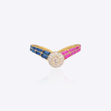 14k gold Polki Halo Ring with blue and magenta enamel and a diamond halo.