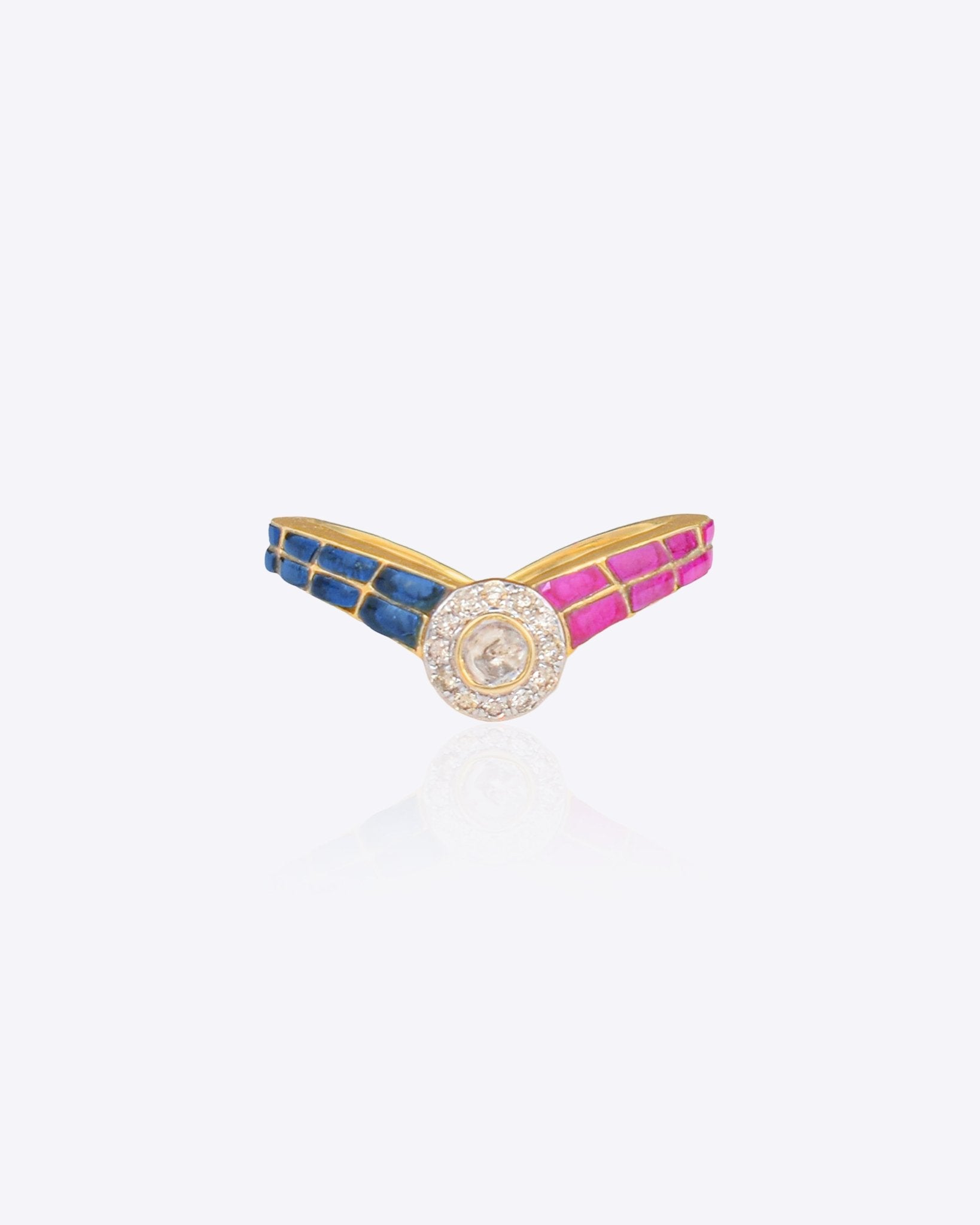 14k gold Polki Halo Ring with blue and magenta enamel and a diamond halo.