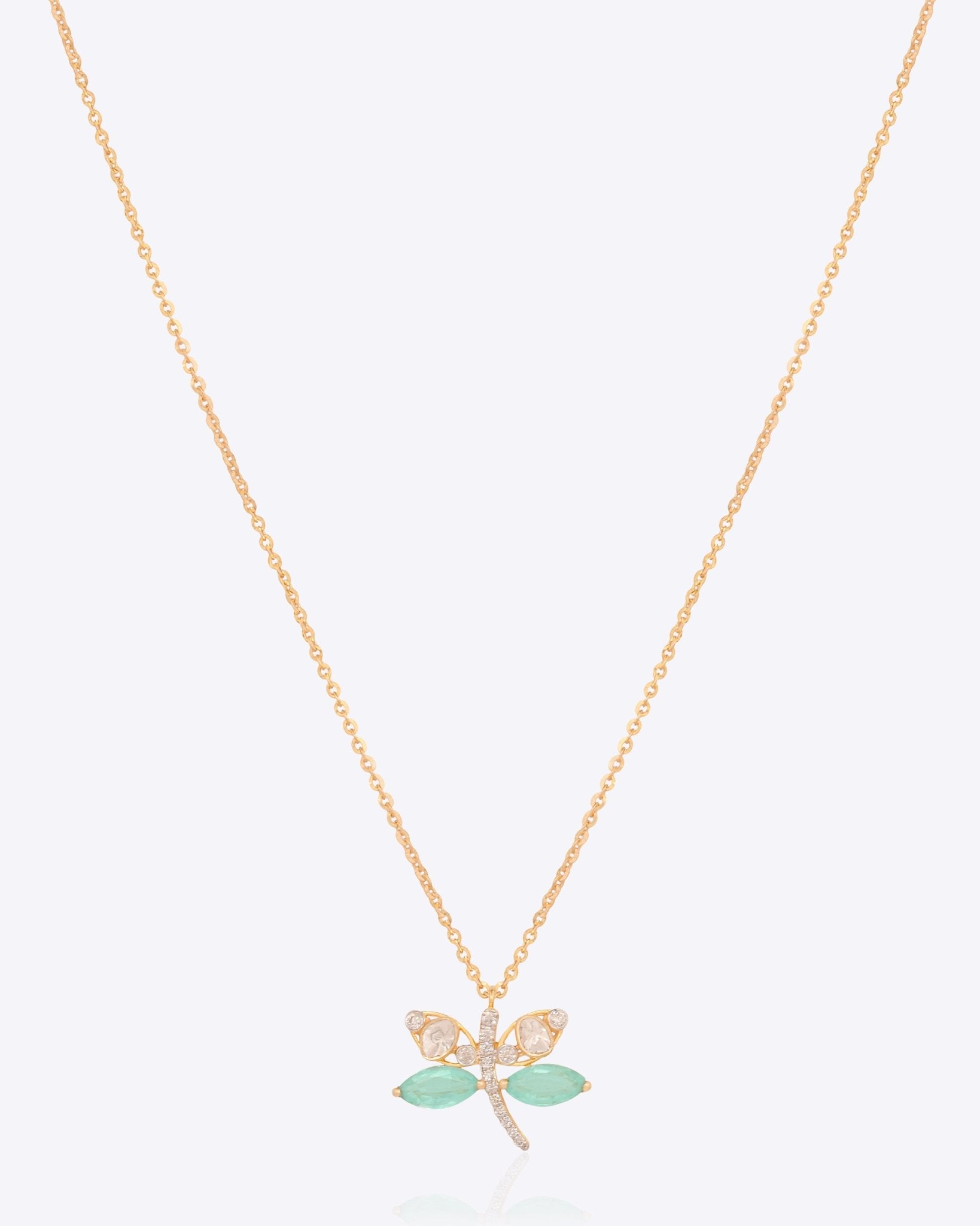 14k gold dragonfly pendant with Polki, diamonds, and green stones