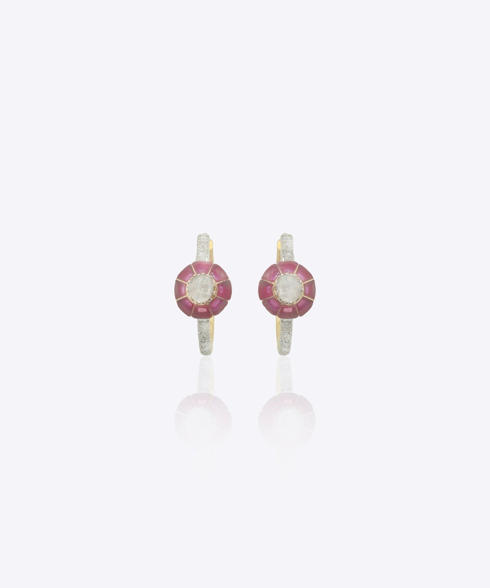 9k gold Crimson Orb earrings with circular centerpiece and luminous Polki center