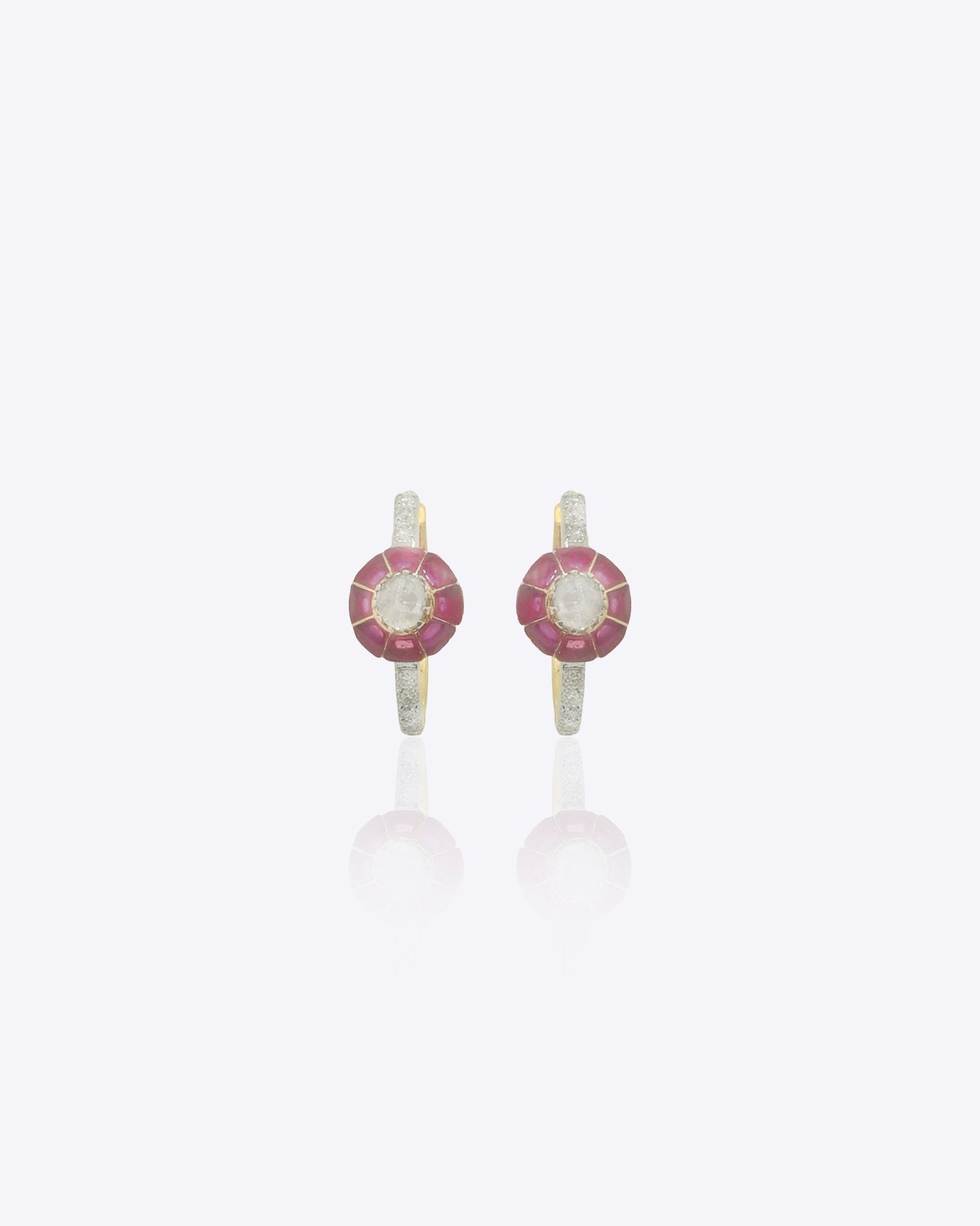 9k gold Crimson Orb earrings with circular centerpiece and luminous Polki center
