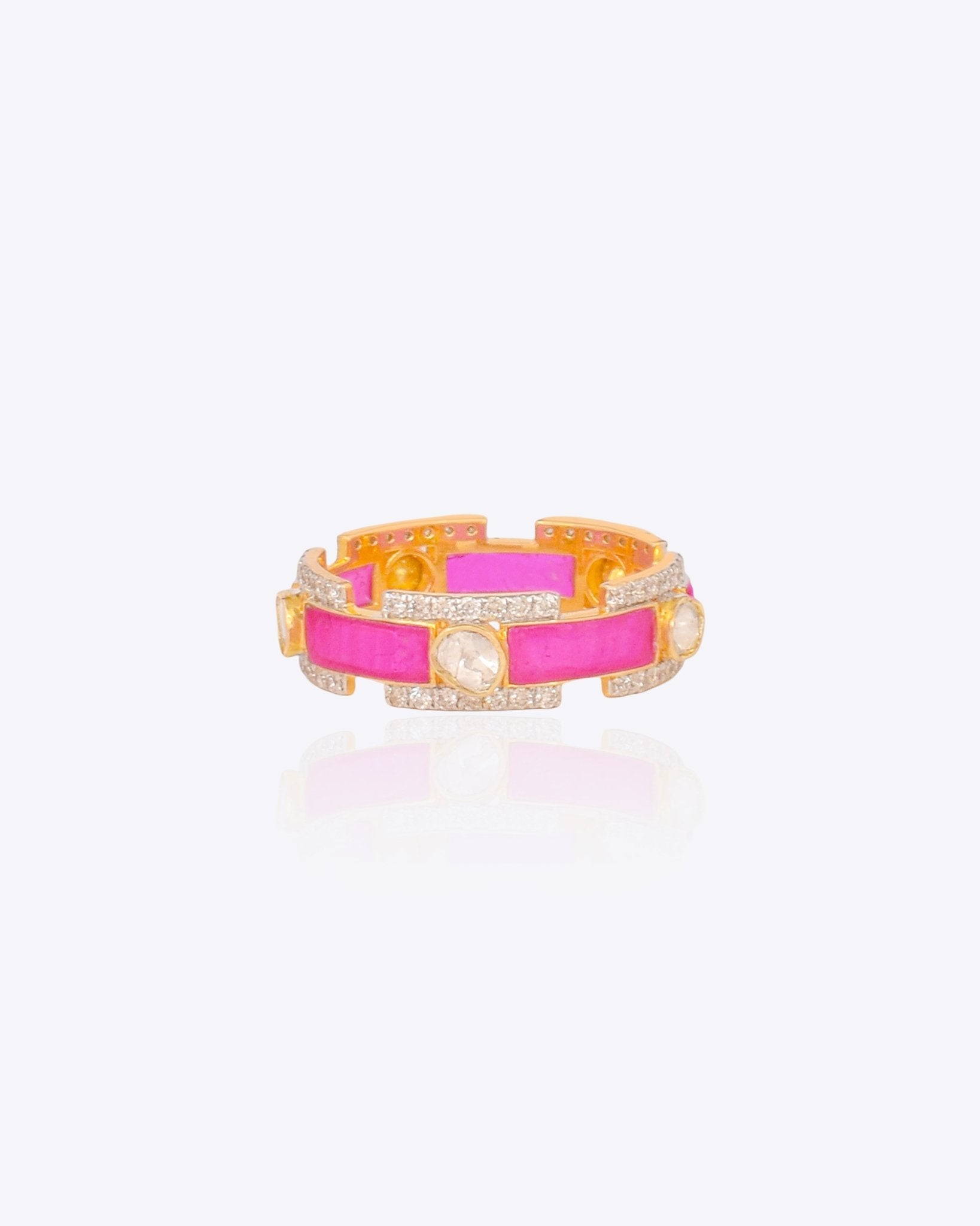 14K gold ring band with blush pink enamel and Polki diamond detailing.