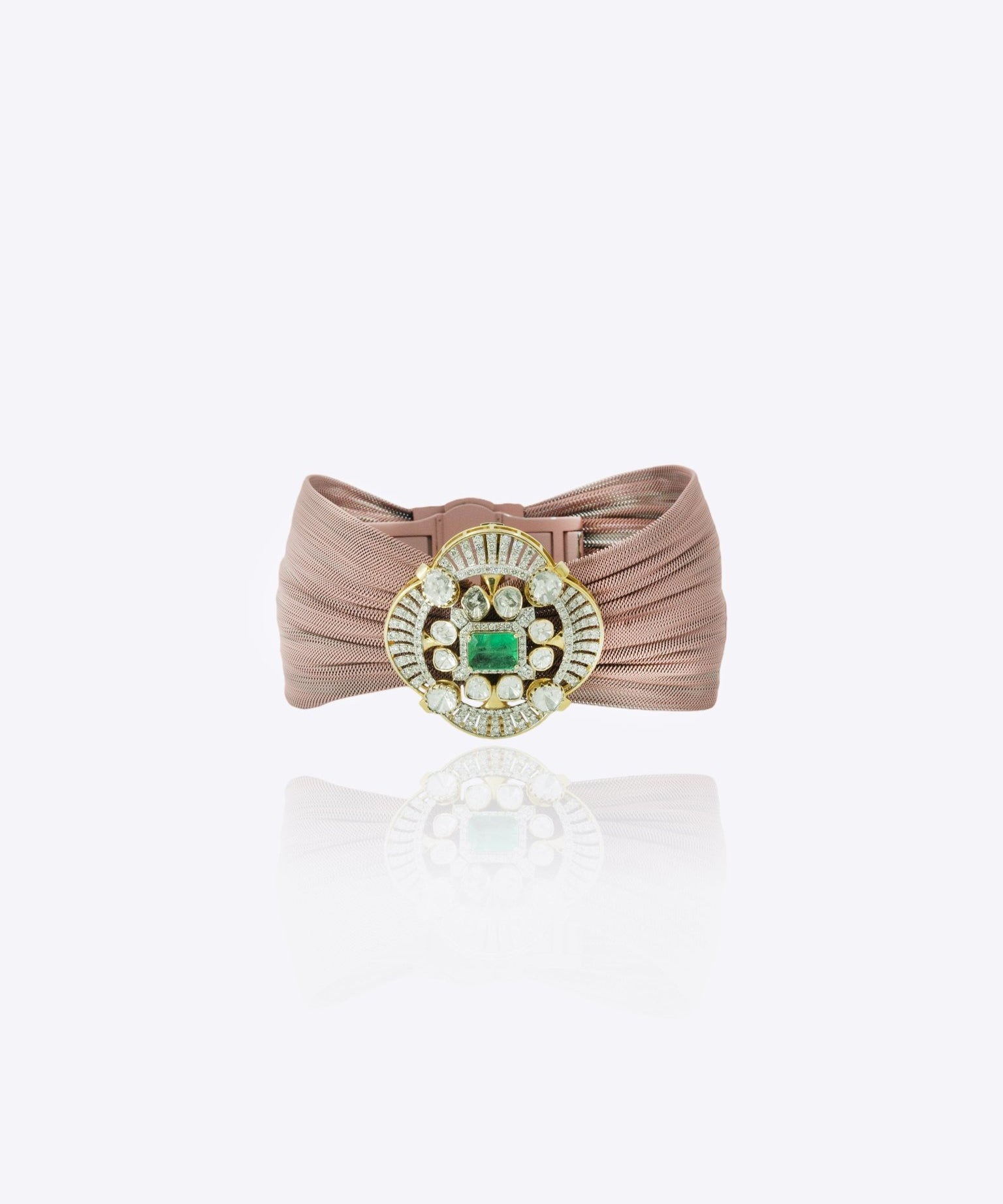9k gold bracelet with oval fine Polki centerpiece and blush pink mesh threading
