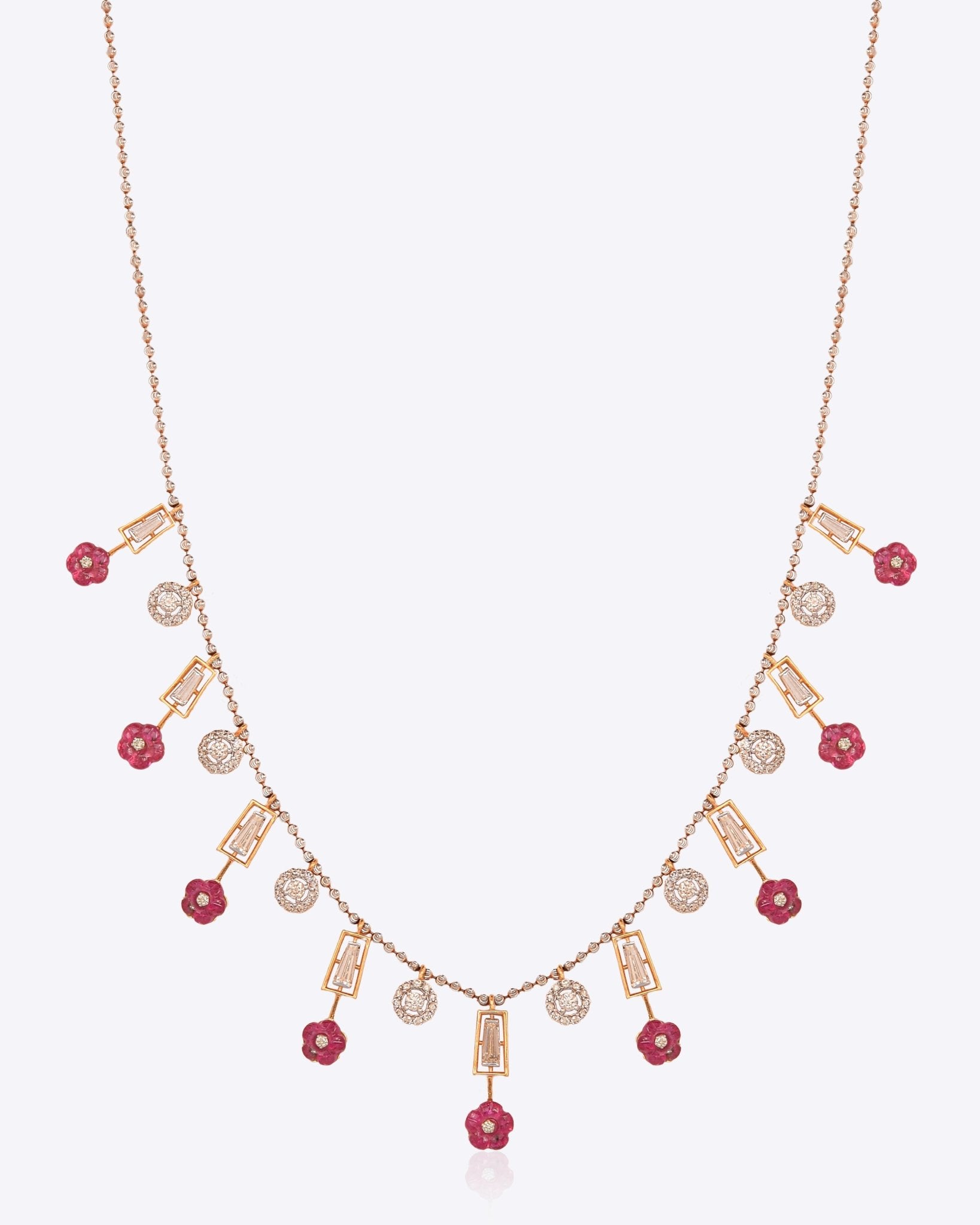 Pink Paradise Necklace in 18kt gold with ruby flowers and polki stones