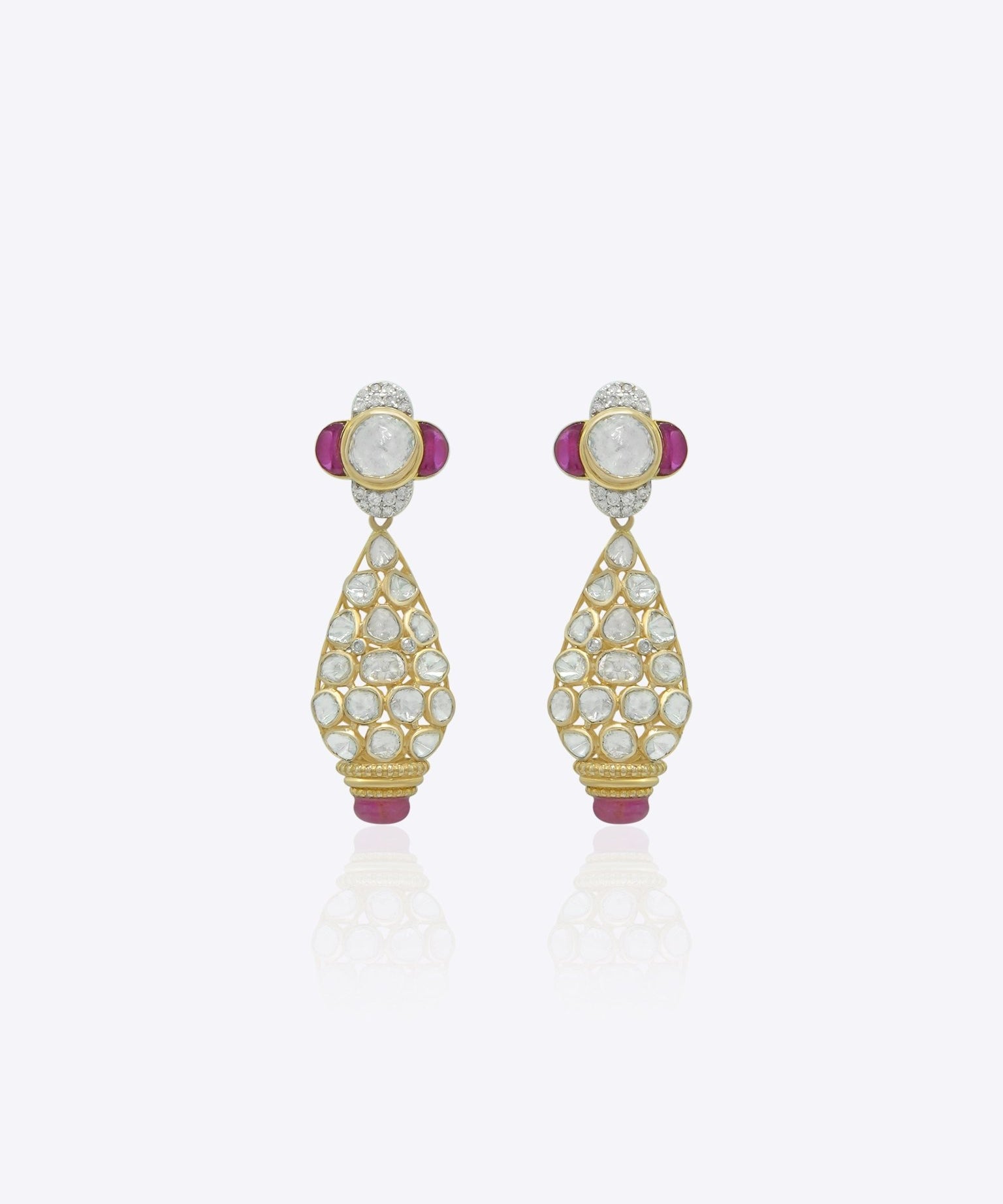 14K gold chandelier earrings with floral tops, Polki detailing, and intricate lattice inspired drops
