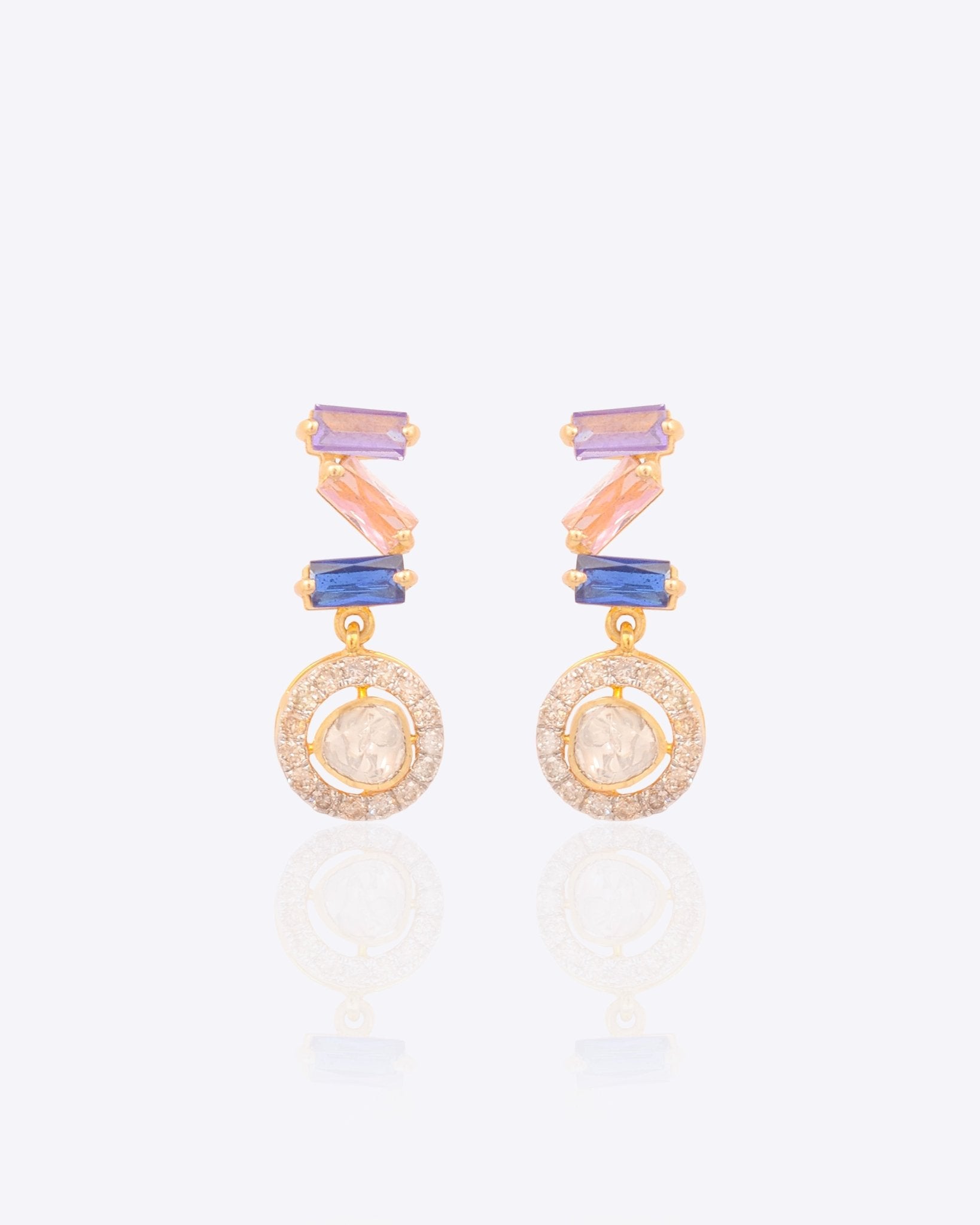 Zee Drop Earrings in 14K gold with bold Z-silhouette and multi-hue diamond accents.