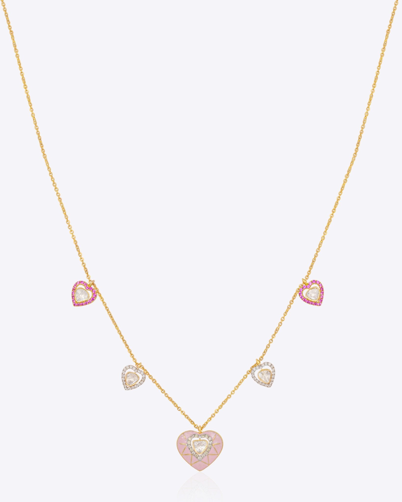 18K gold necklace with pink enamel hearts and Polki stones