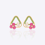 14K gold stud earrings with ruby-hued enamel flowers and diamond accents.