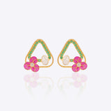 14K gold stud earrings with ruby-hued enamel flowers and diamond accents.