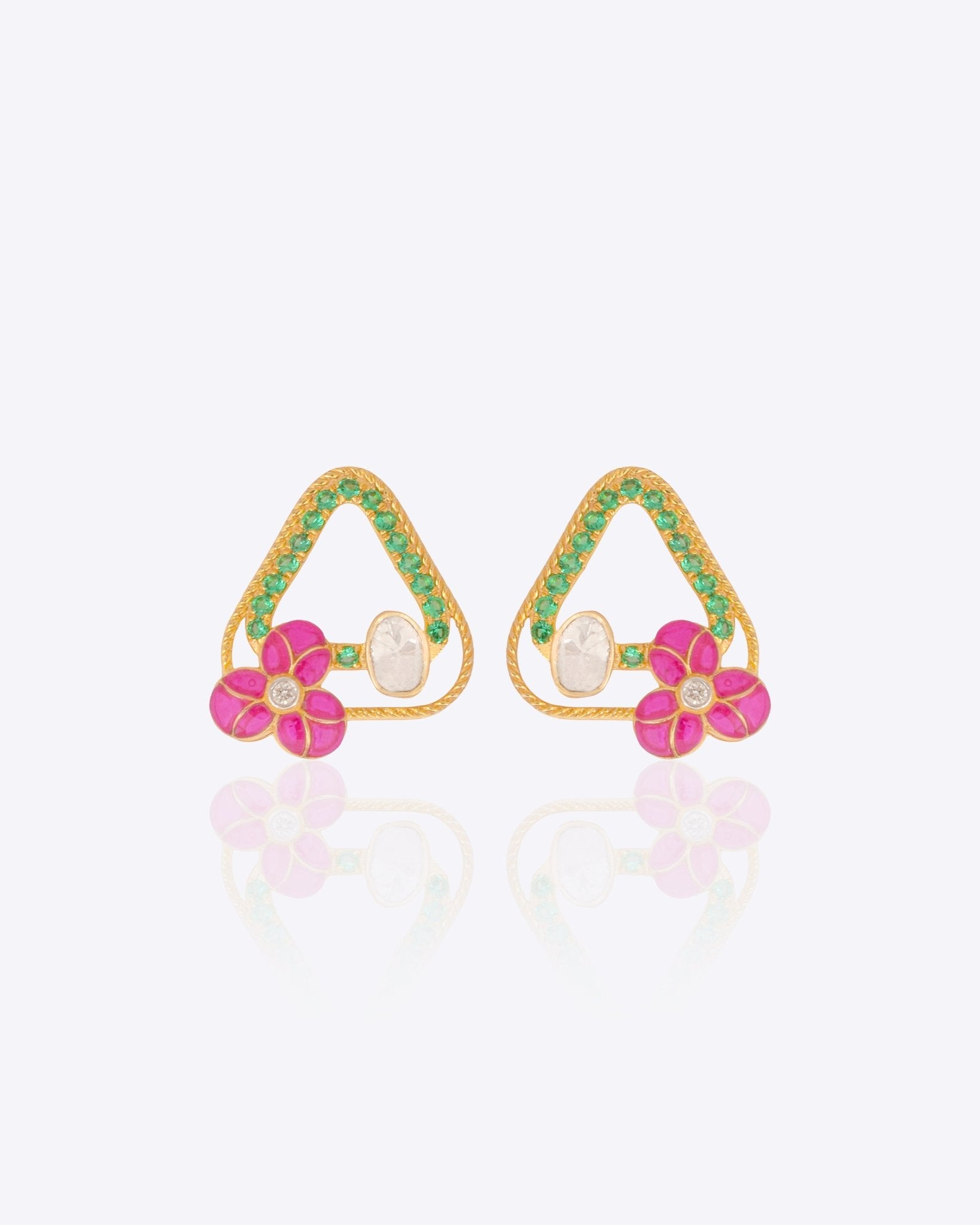 14K gold stud earrings with ruby-hued enamel flowers and diamond accents.